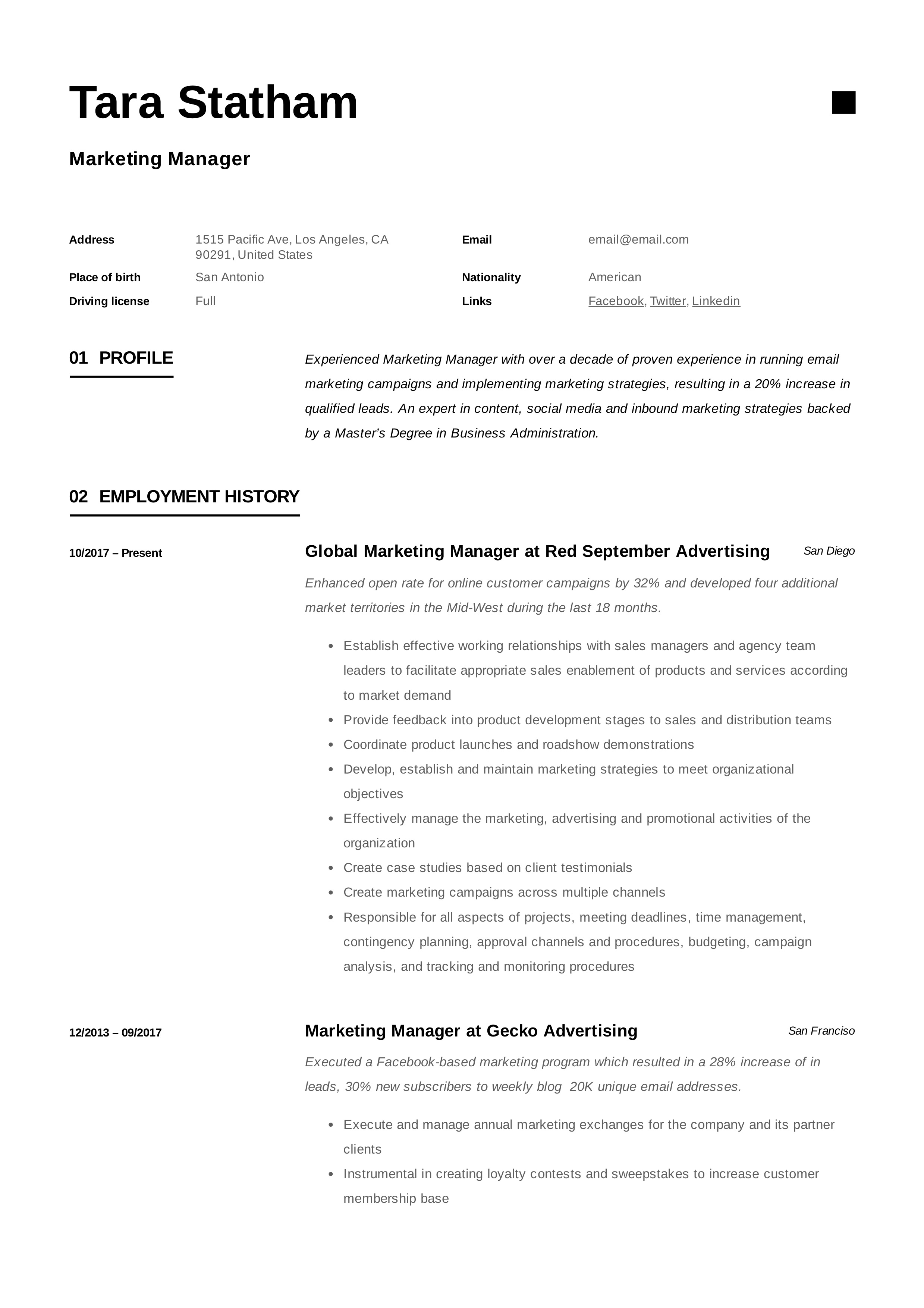 marketing manager resume