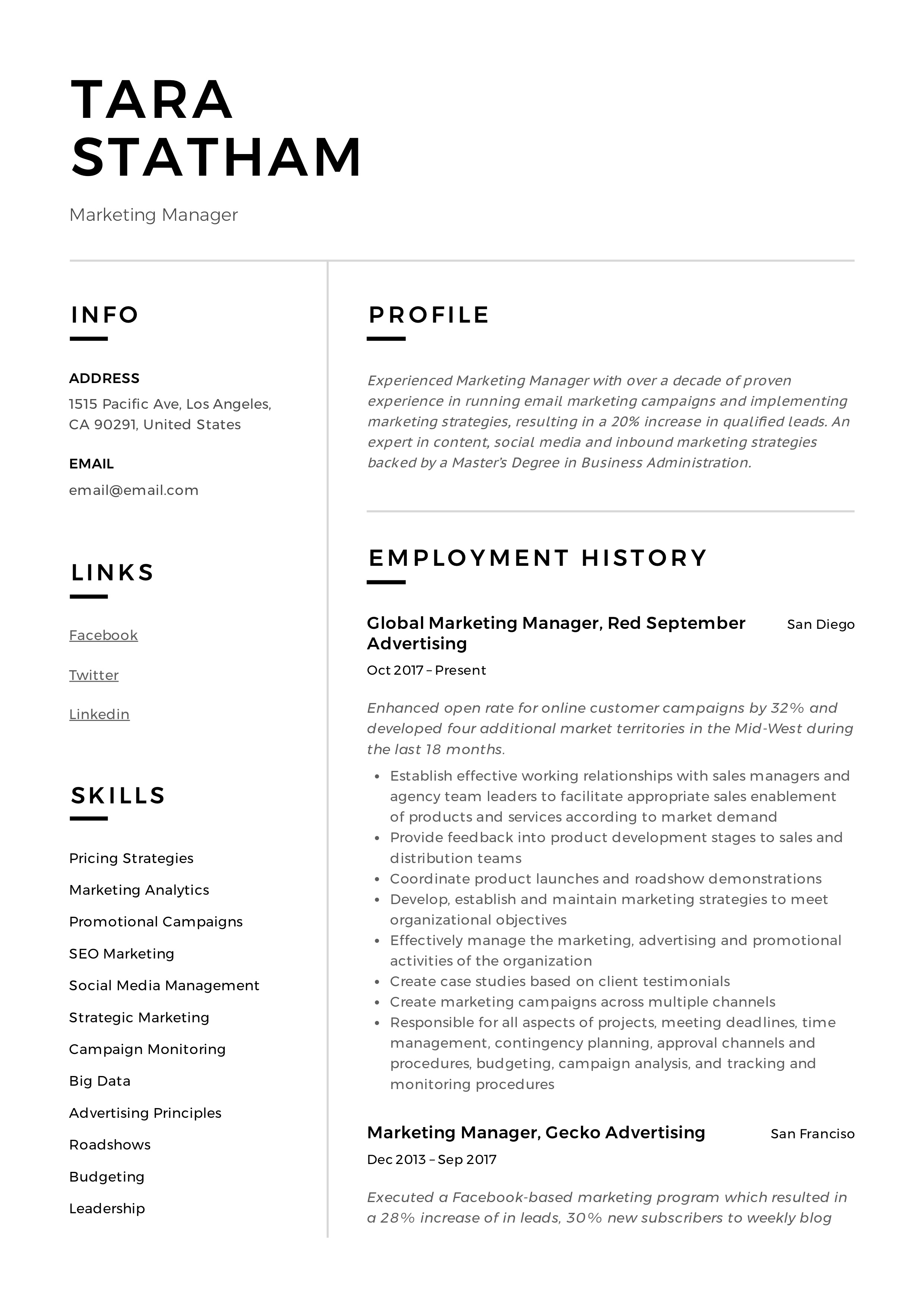 Modern design marketing manager sample resume