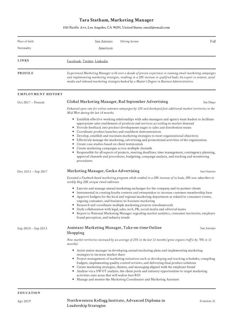 marketing manager Classic resume format