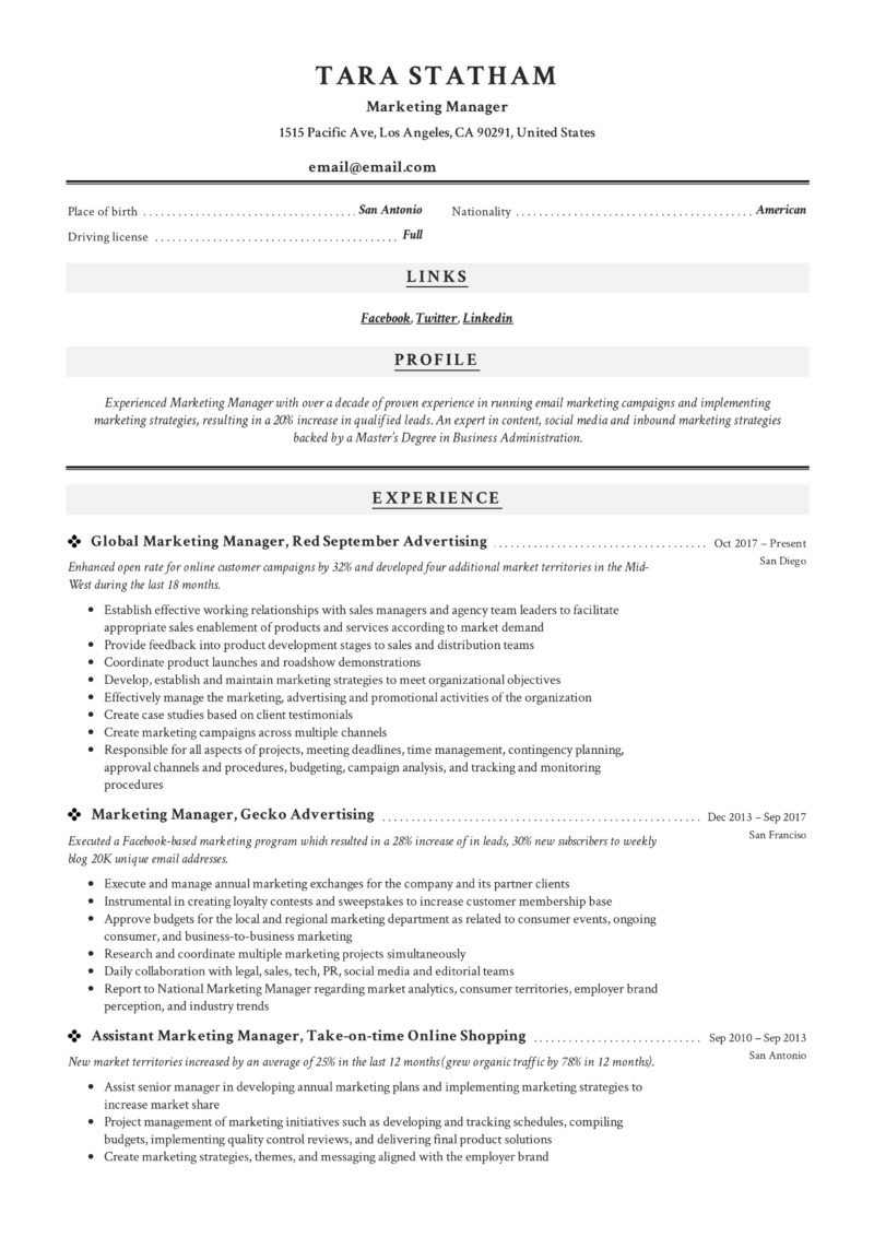classic and modern example resume marketing manager