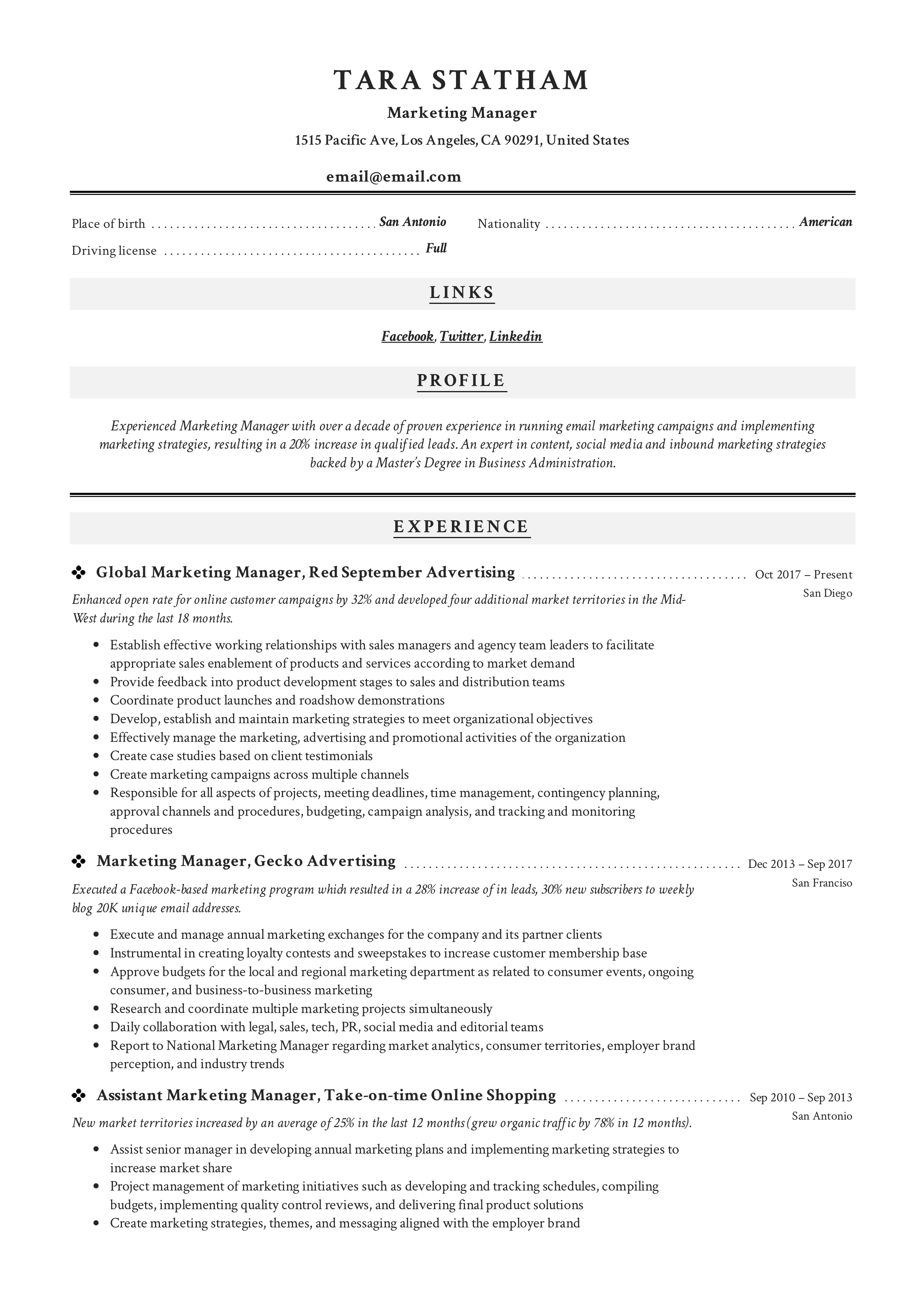 classic and modern example resume marketing manager