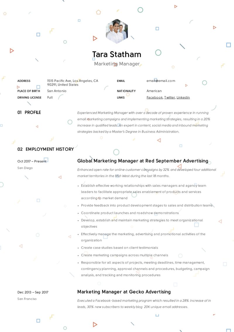 Marketing manager creative resume example