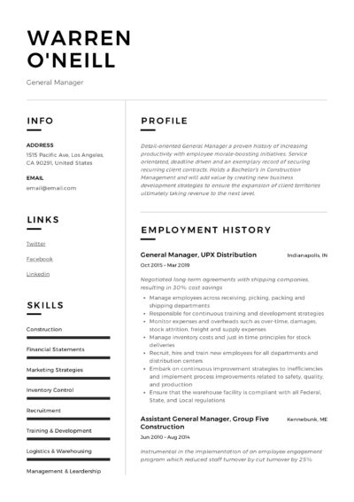 General Manager Sample Resume