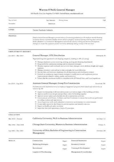 Professional General Manager Resume Example