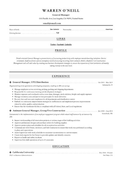 Professional General Manager Resume