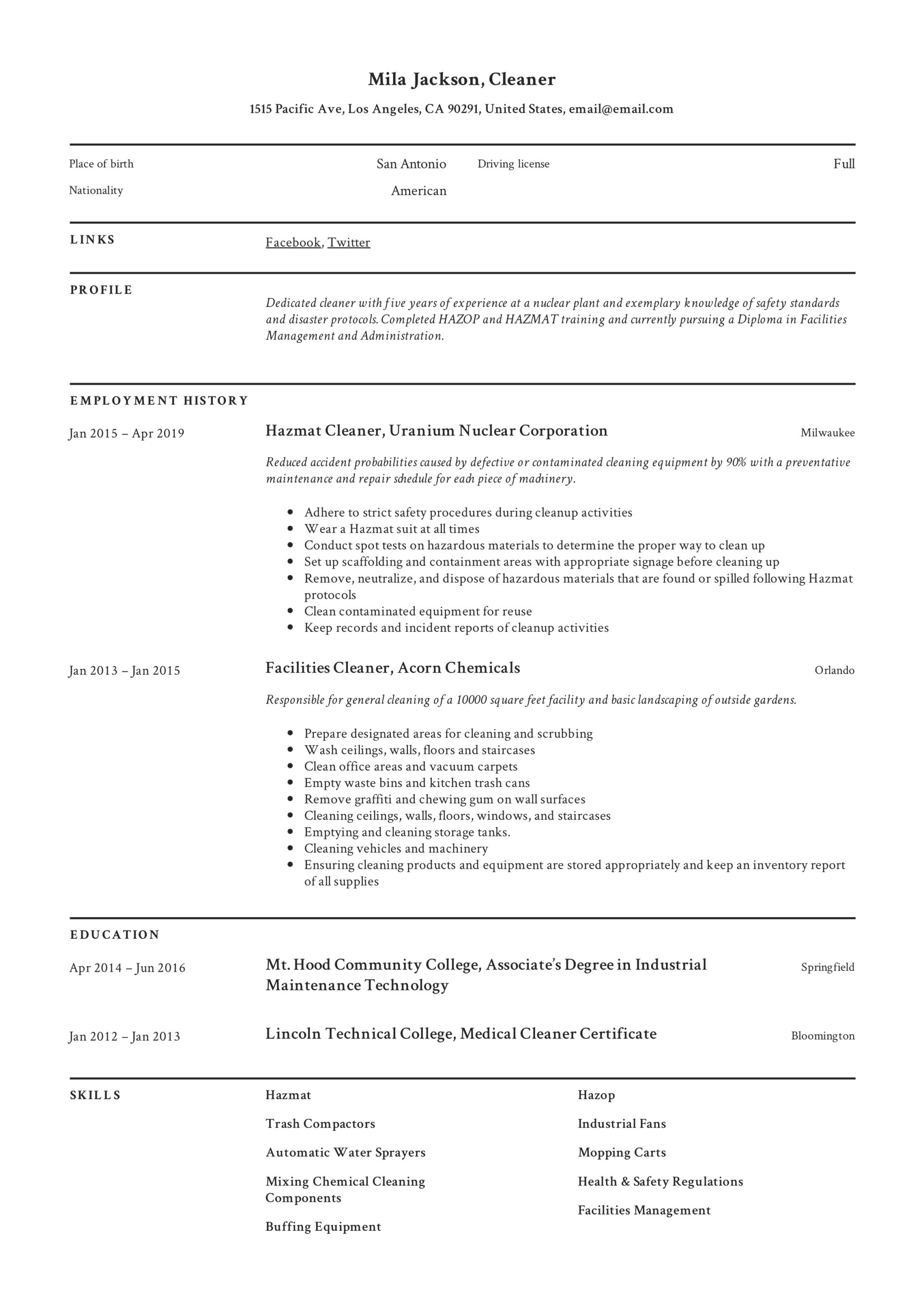 Cleaning Resume