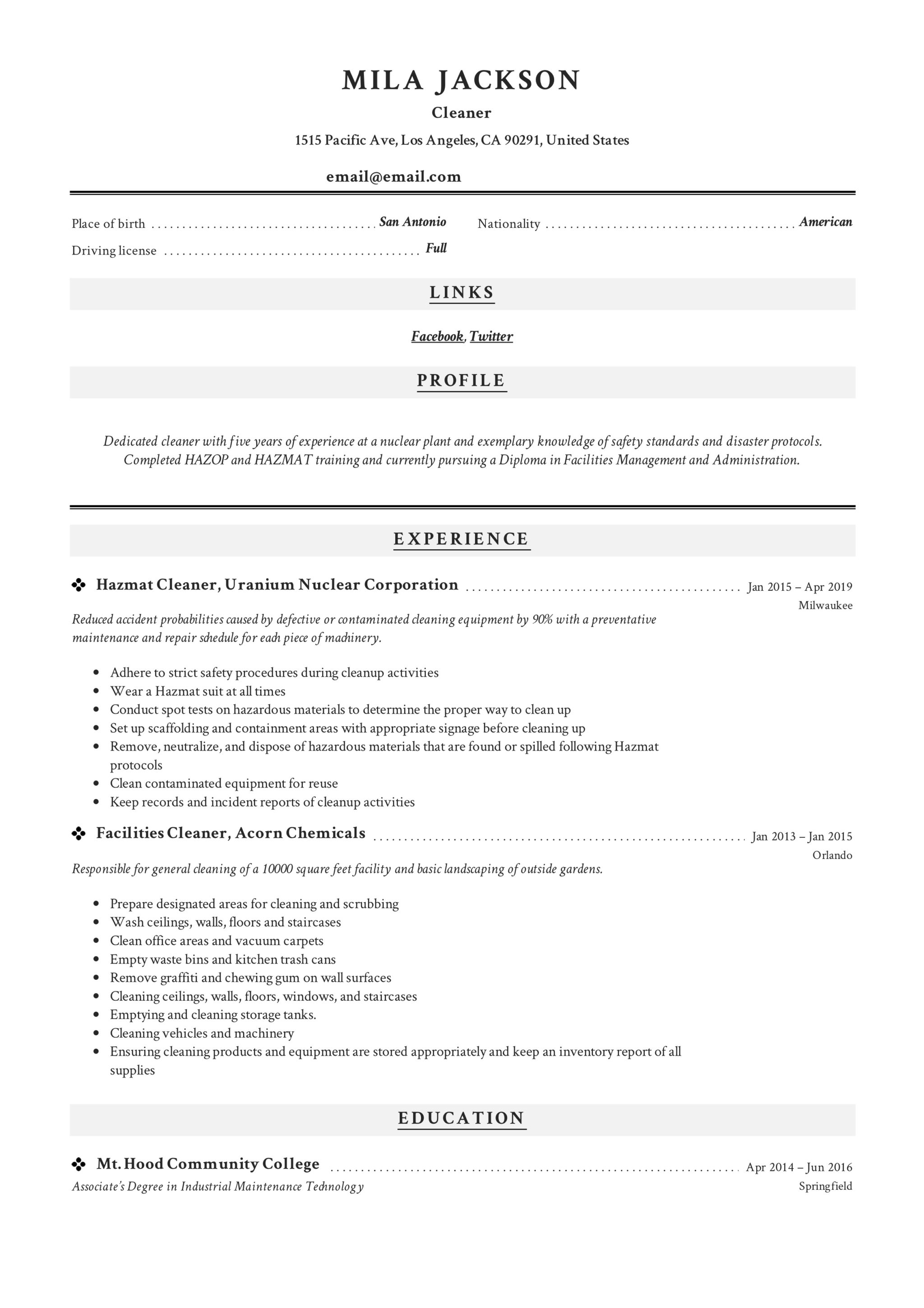 Cleaning lady Resume