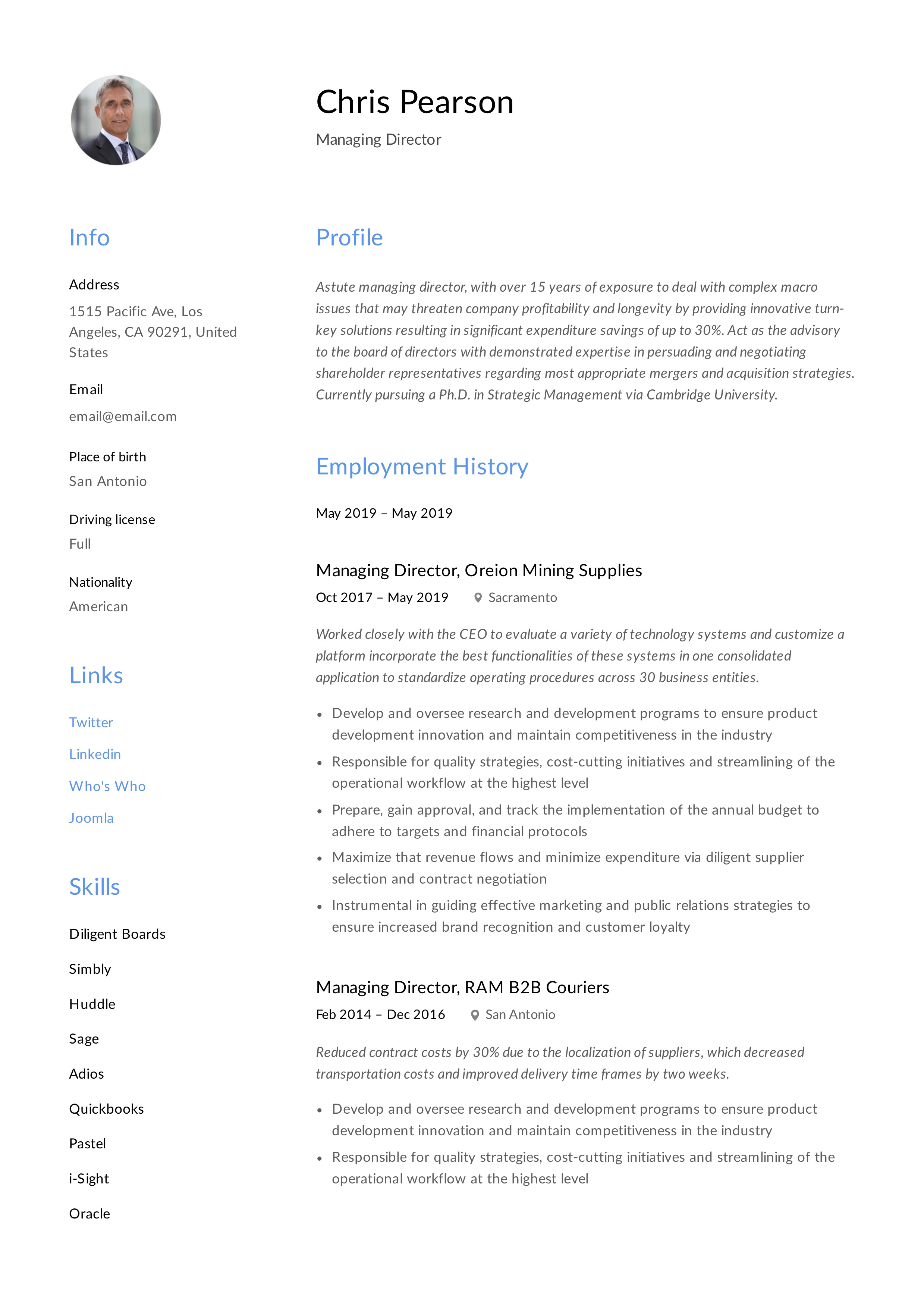 Managing Director Resume with creative twist
