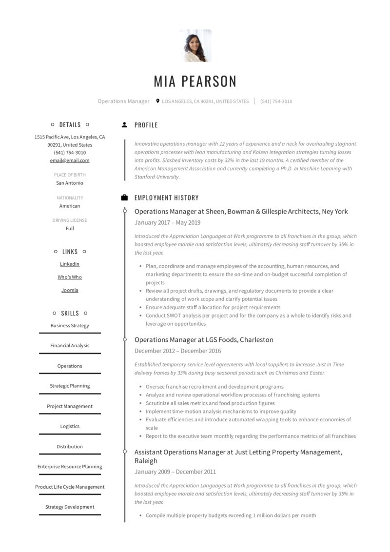 Creative Example Resume Operations Manager