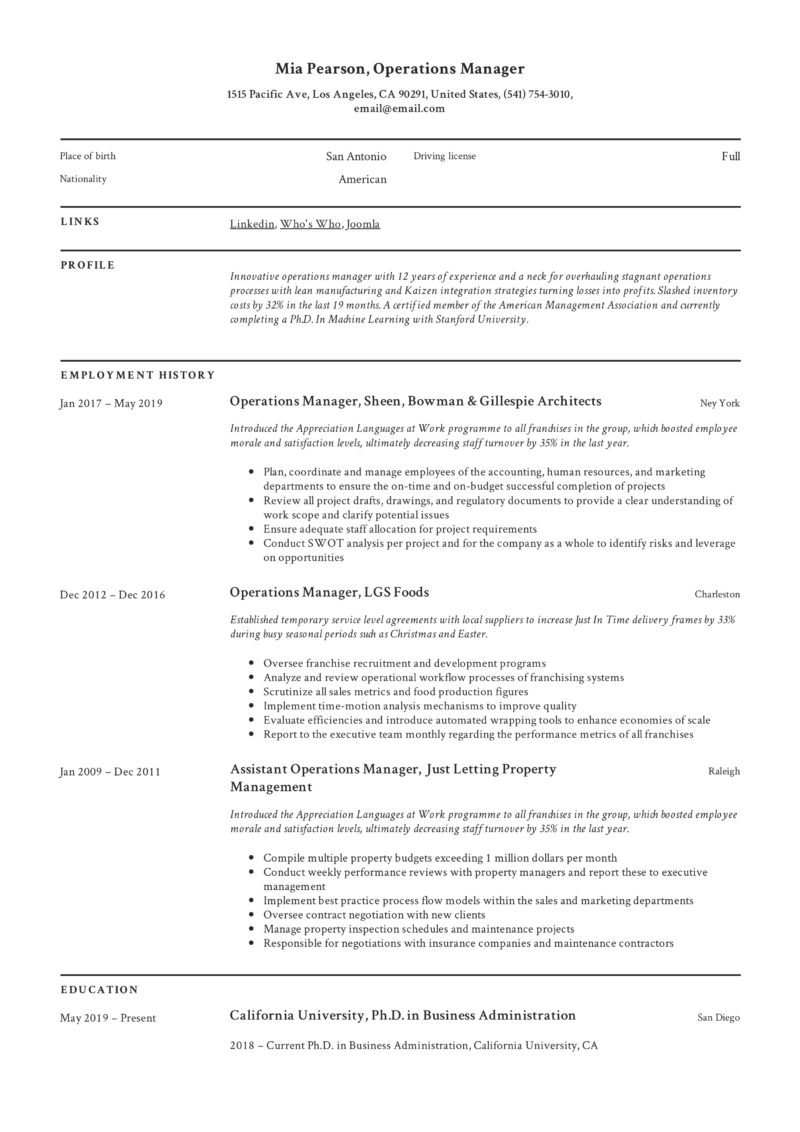 Classic Example Resume Operations Manager