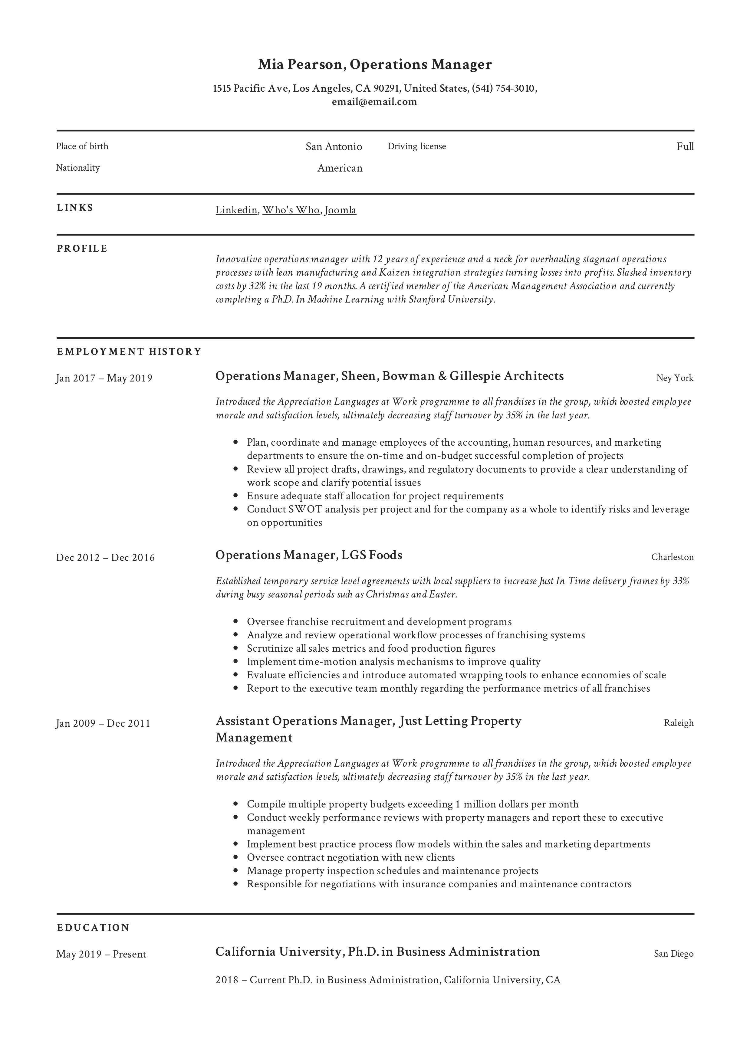 Classic Example Resume Operations Manager