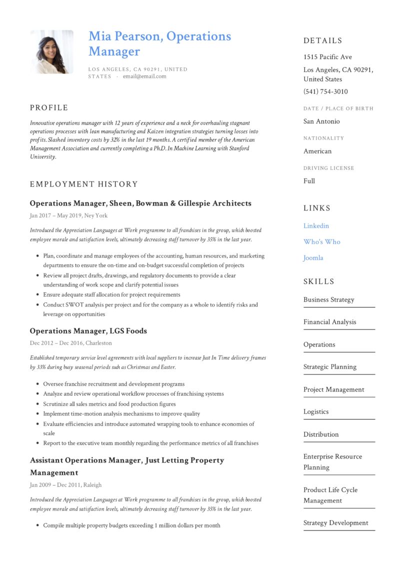 Design Example Resume Operations Manager