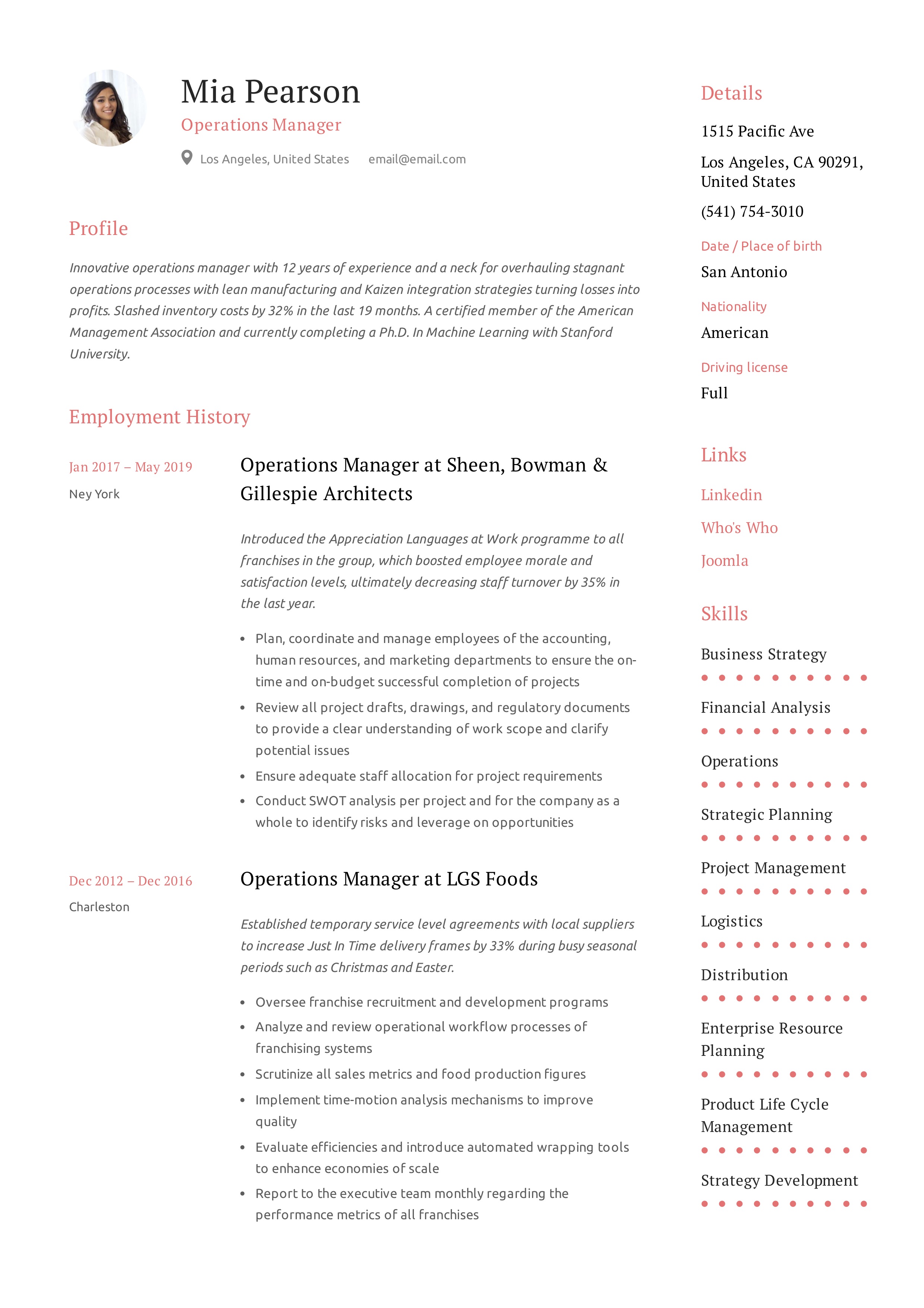 Operations Manager Sample Resume