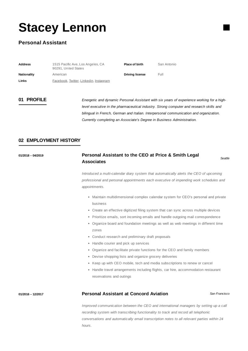 personal assistant resume