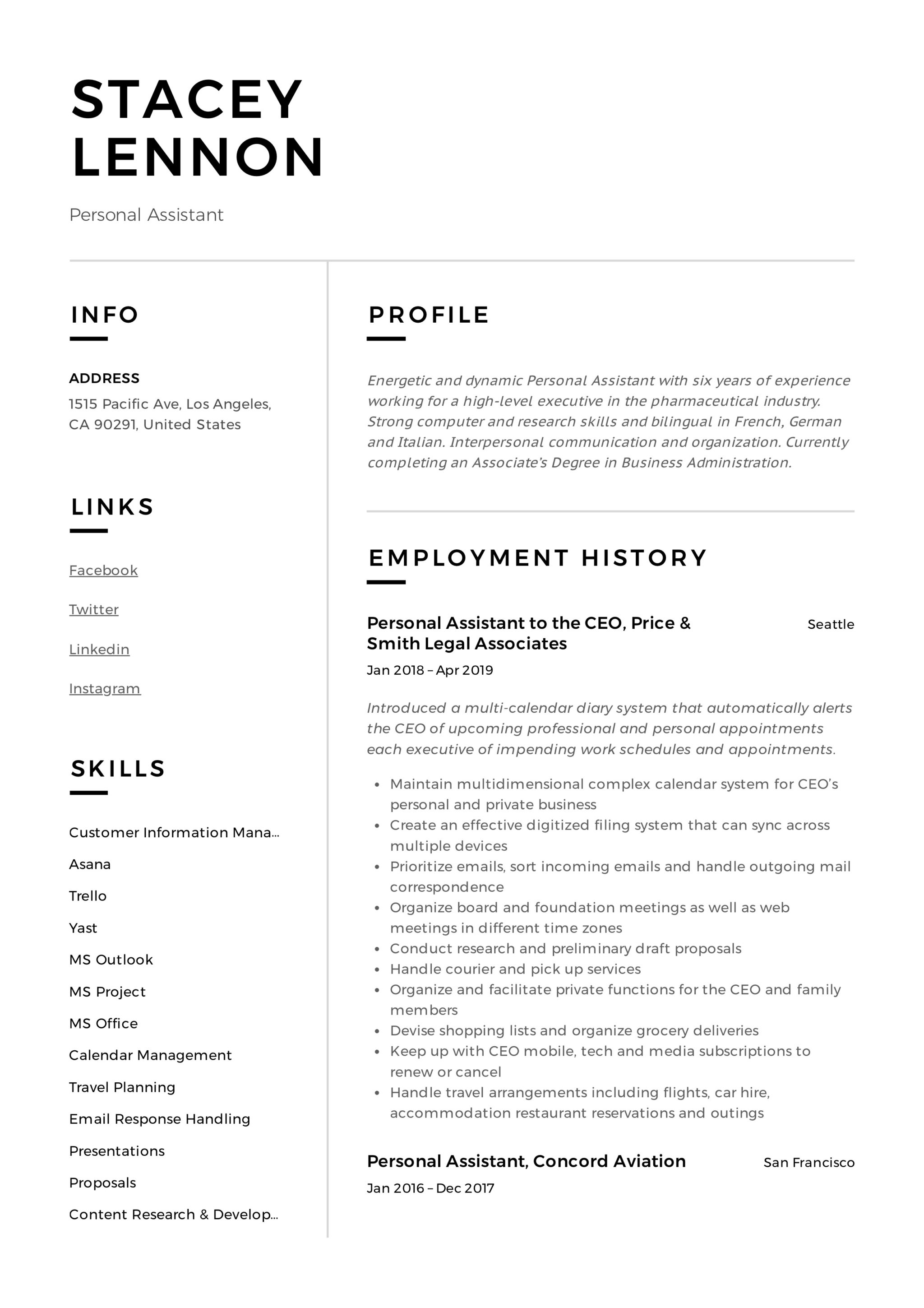 personal assistant resume