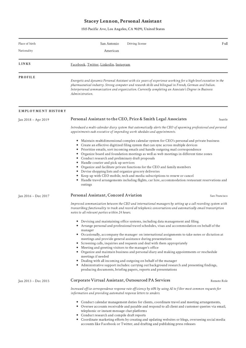 personal assistant resume example