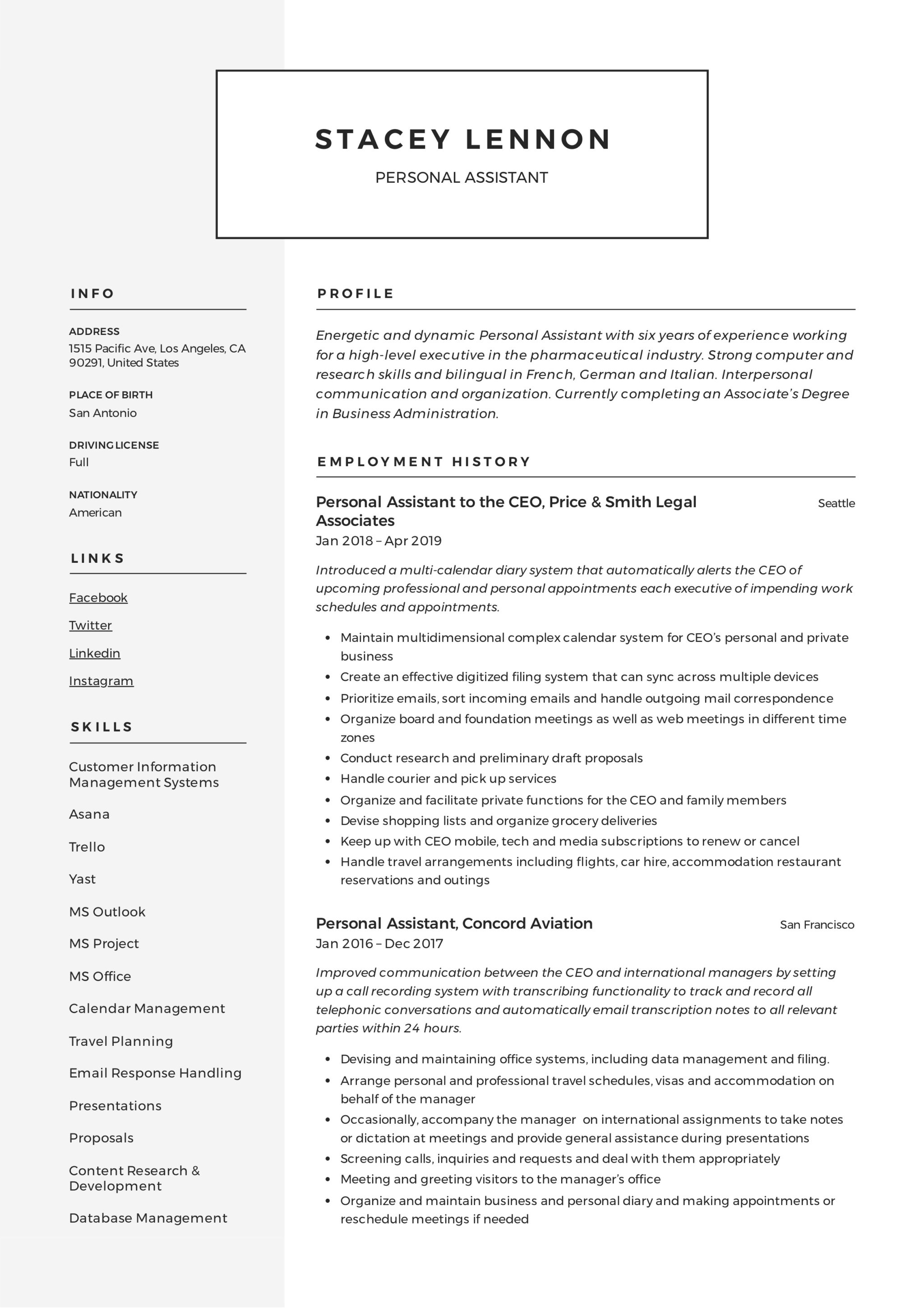 sample personal assistant resume