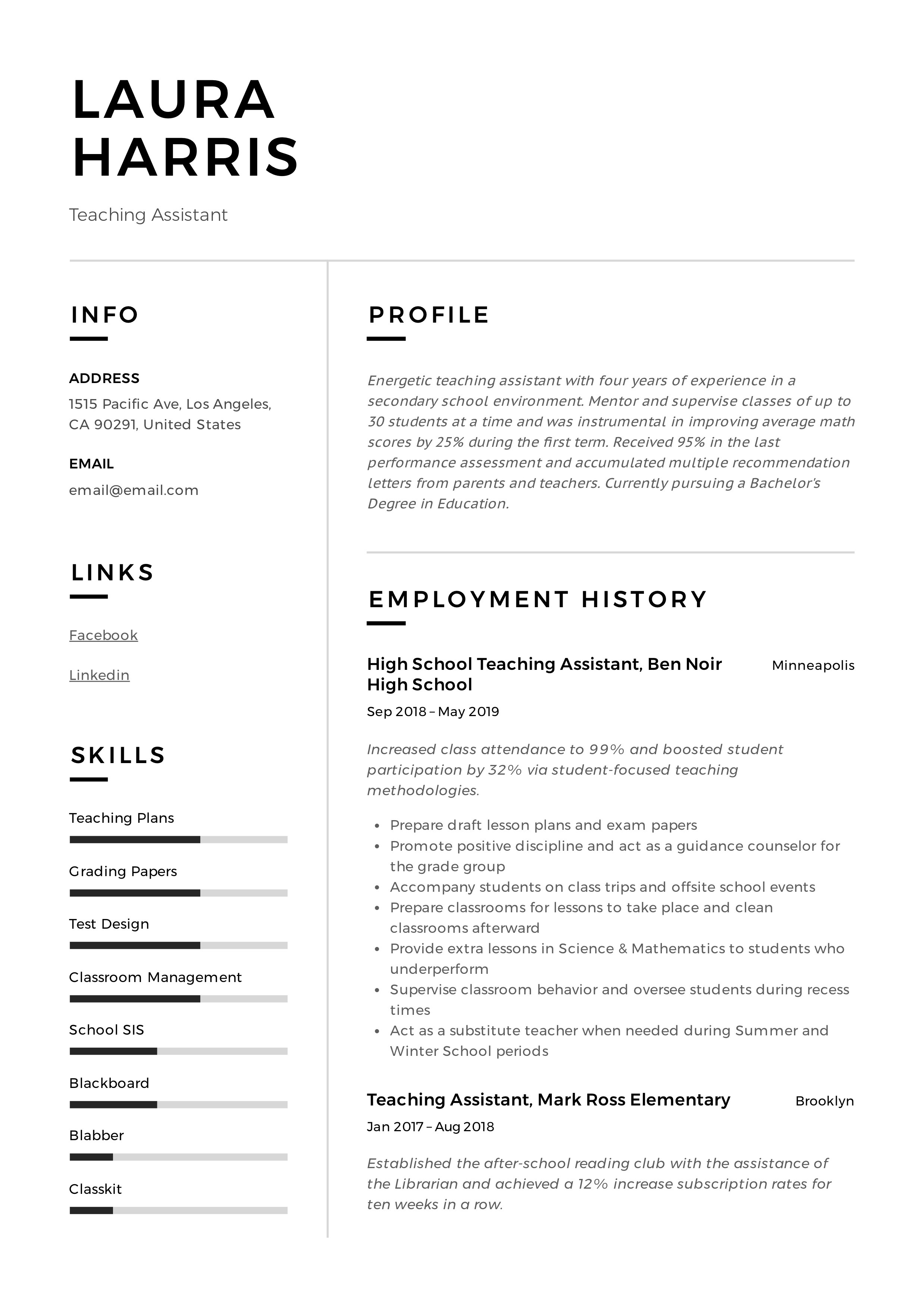 Teaching Assistant Resume Example pdf