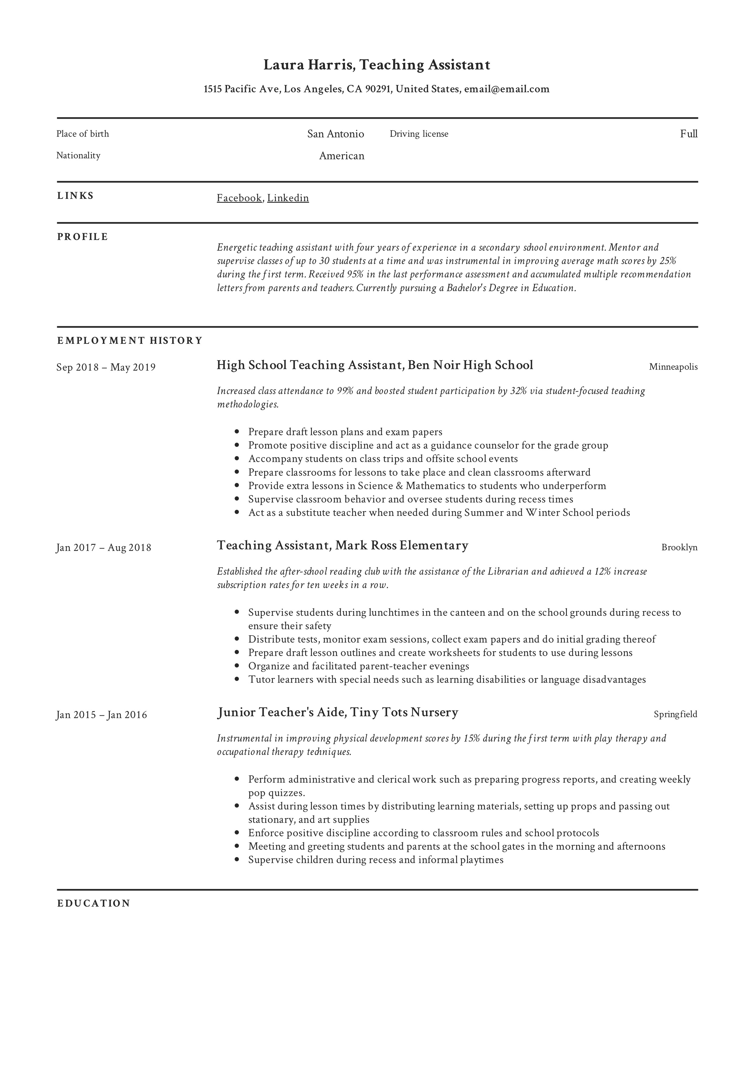 resume for college teaching assistant