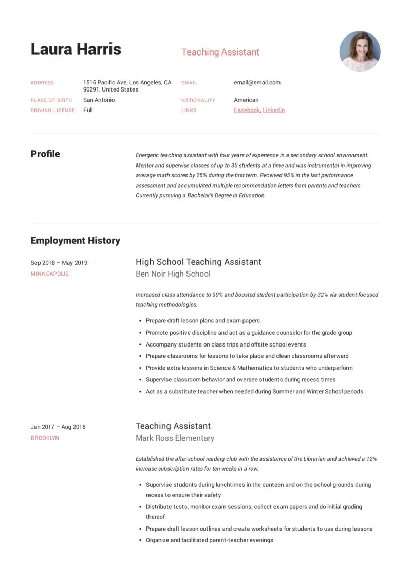 Teaching Assistant Resume Example
