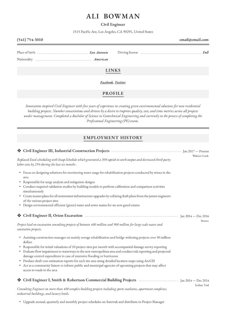 Resume Sample Civil Engineer