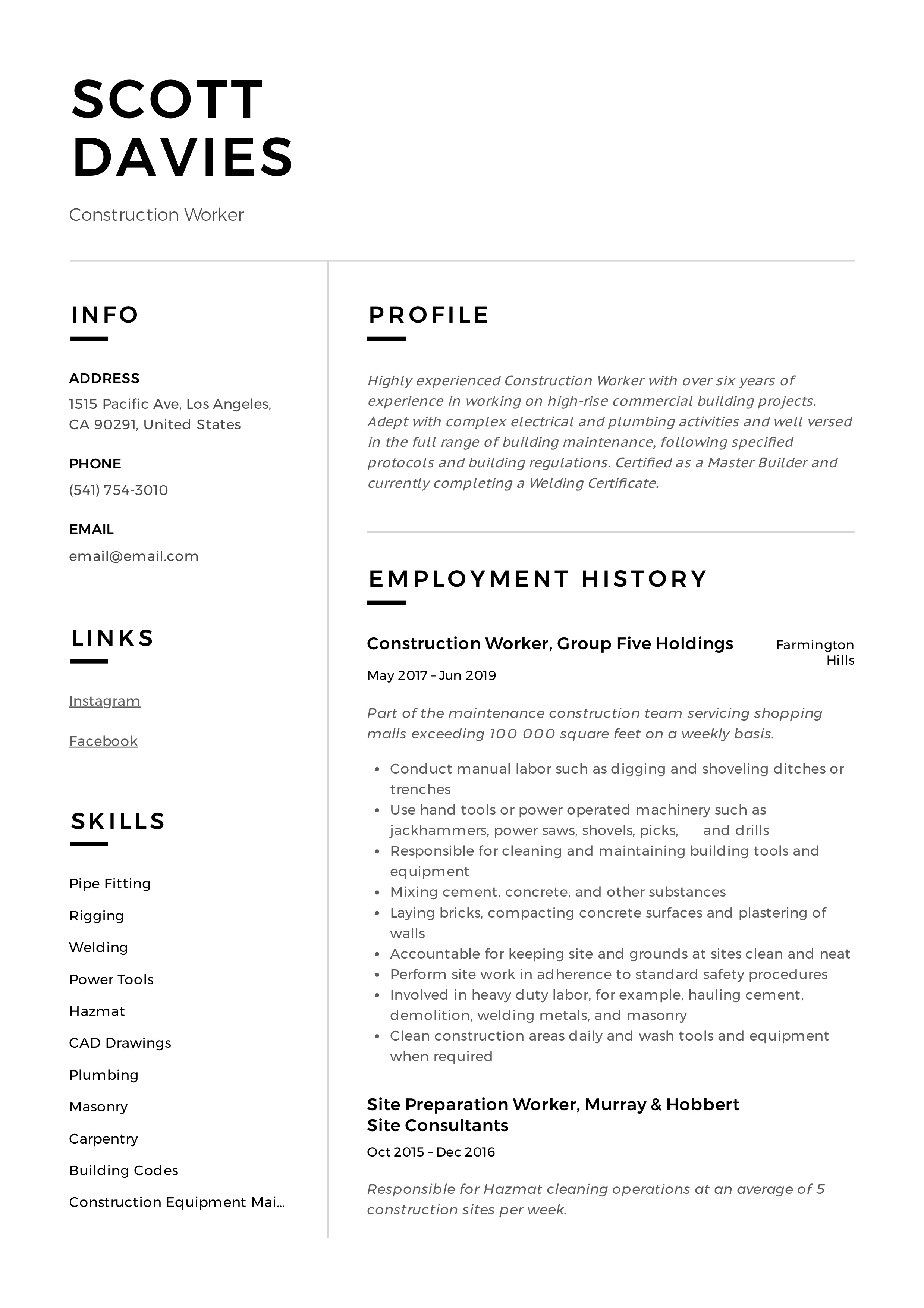 Resume Example Construction Worker
