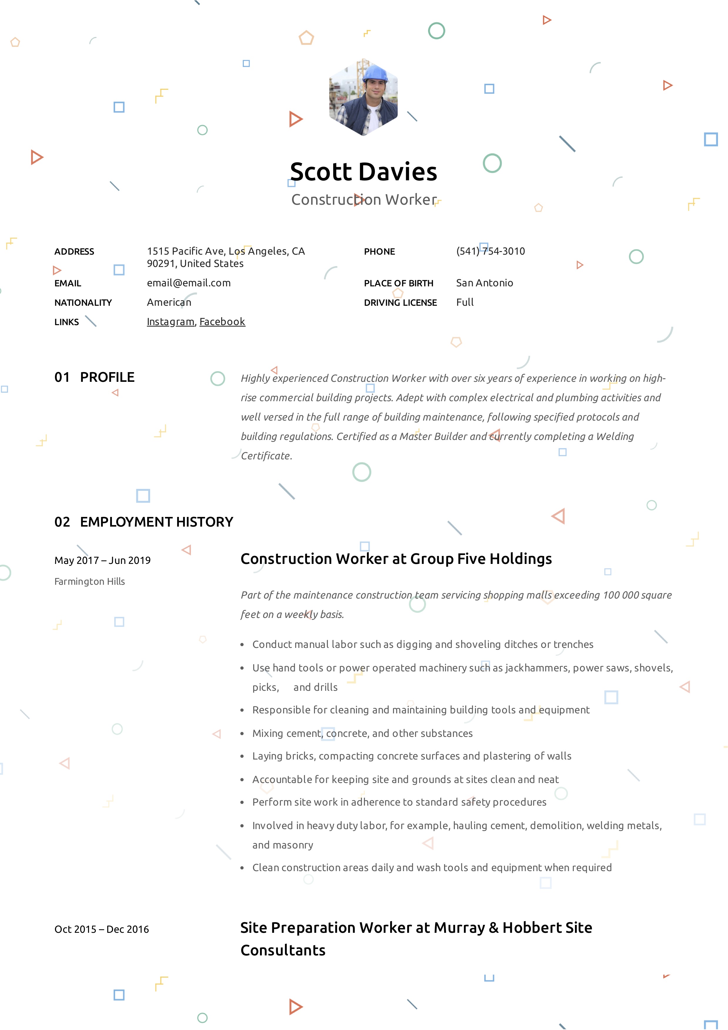Resume Template Construction Worker