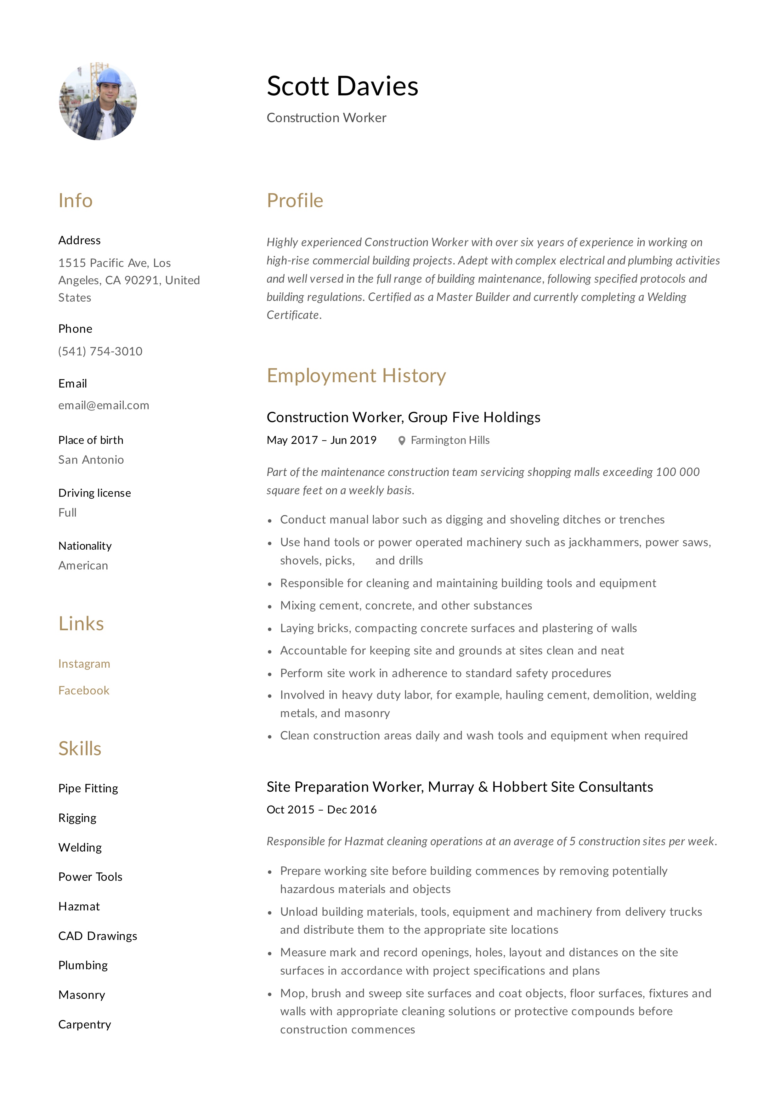Resume Example Construction Worker