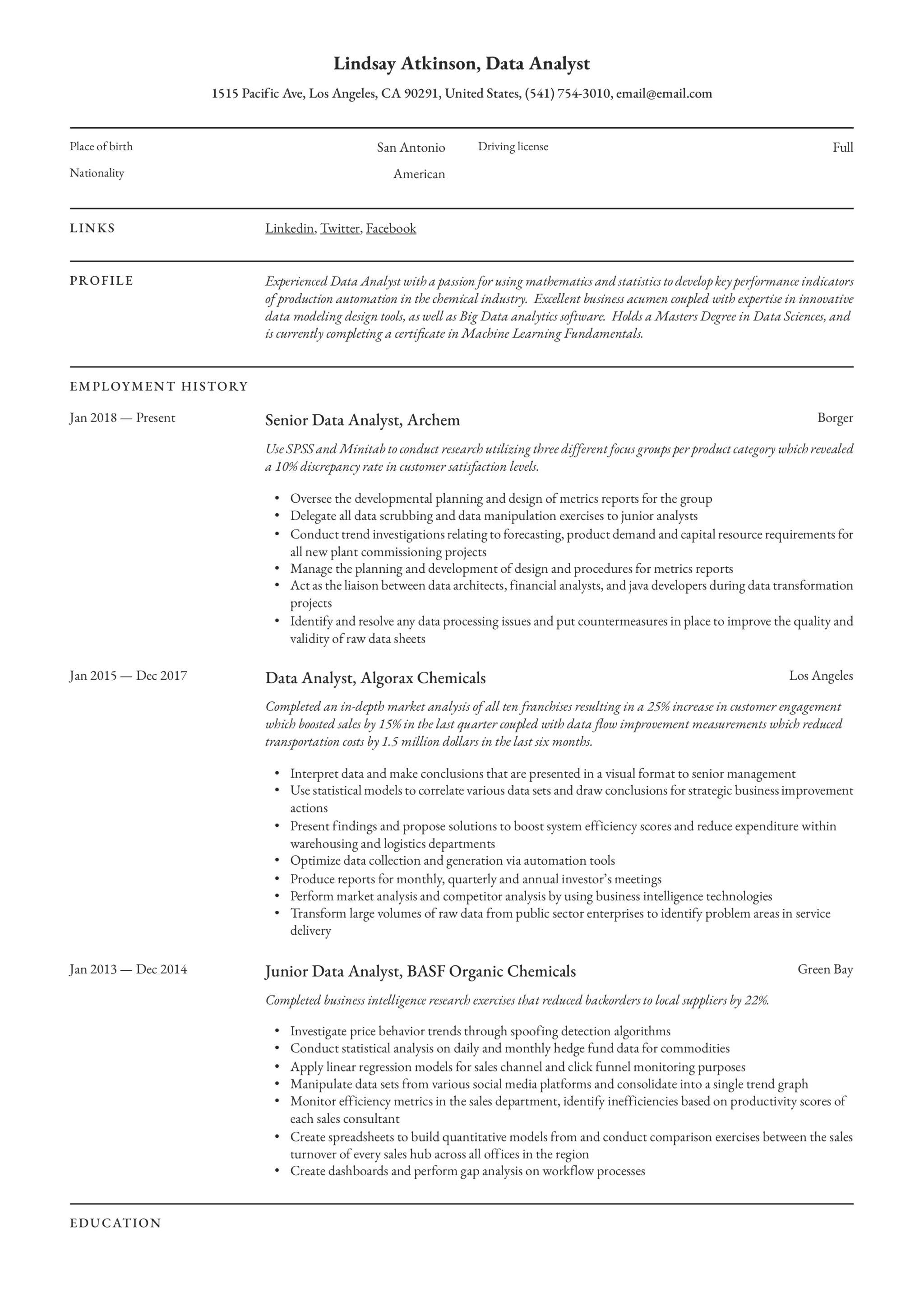 Resume Example Data Analyst