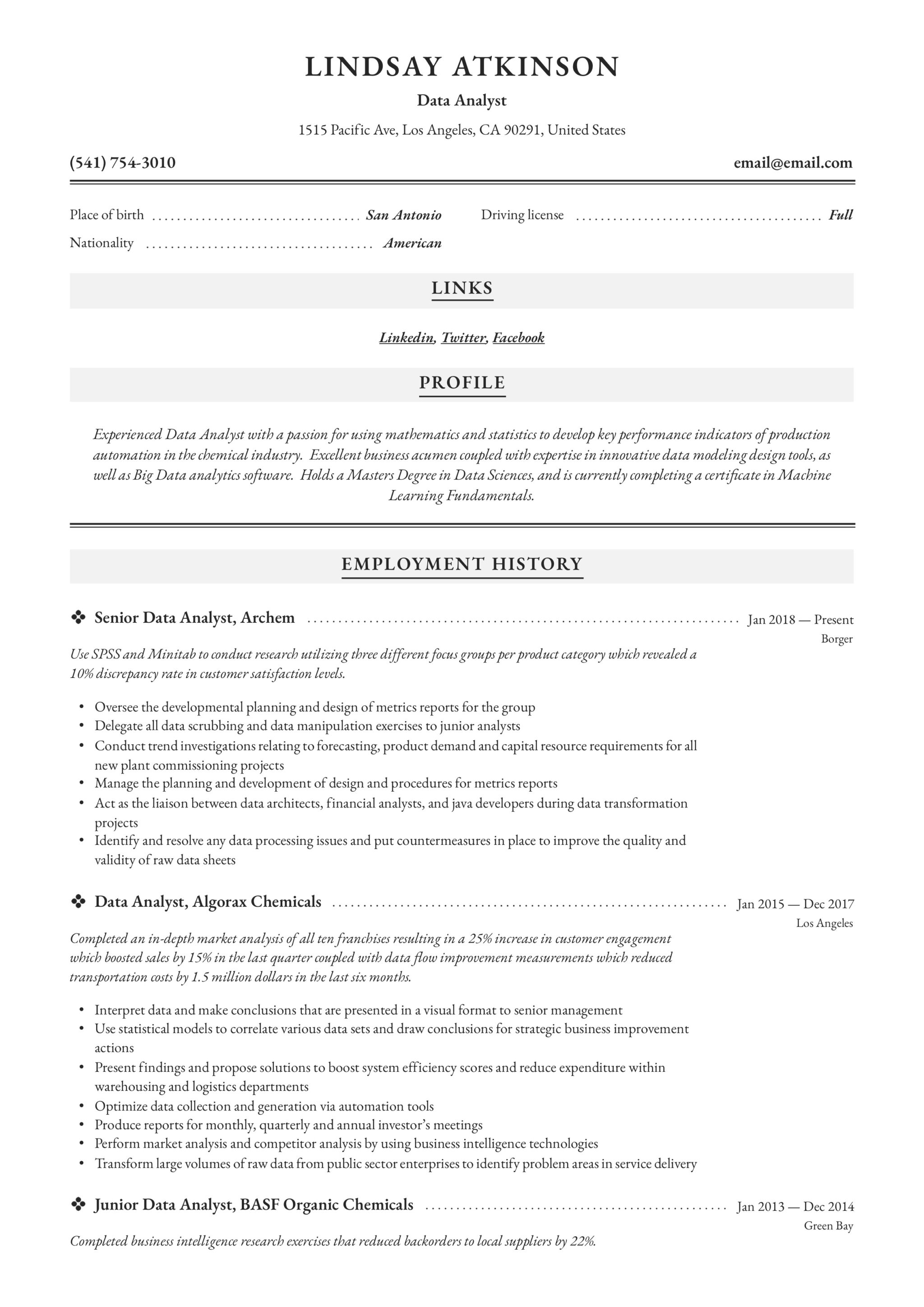 Resume Sample Data Analyst