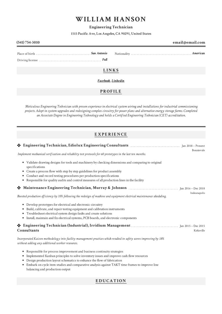 Resume Sample Engineering Technician