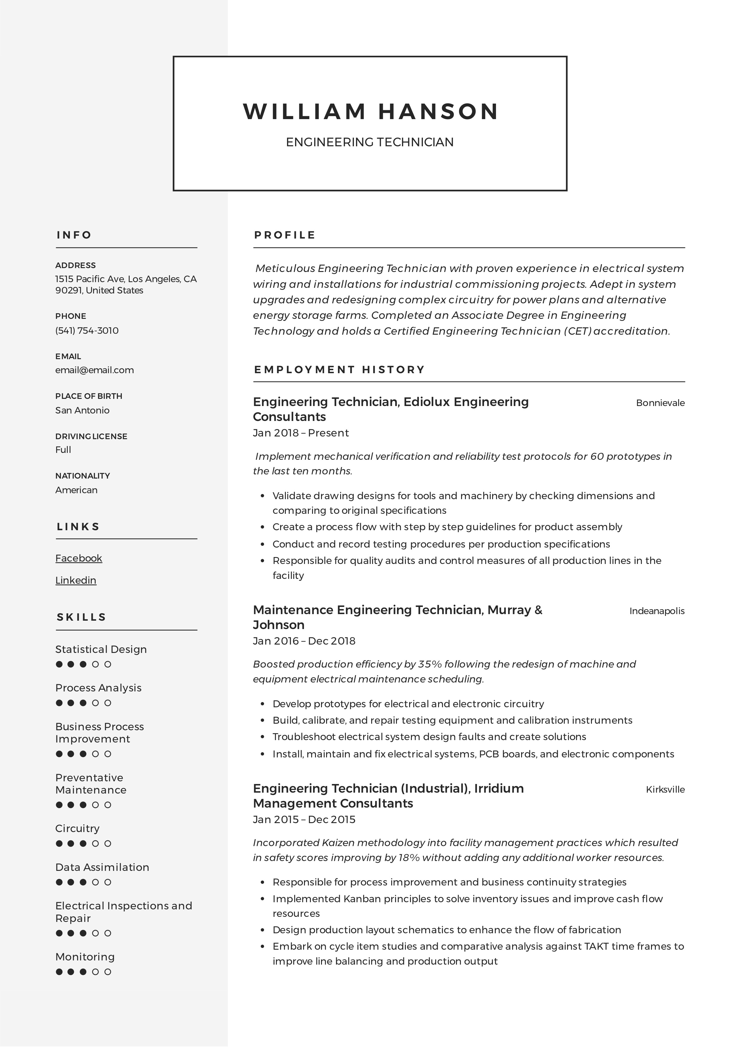 Resume Template Engineering Technician