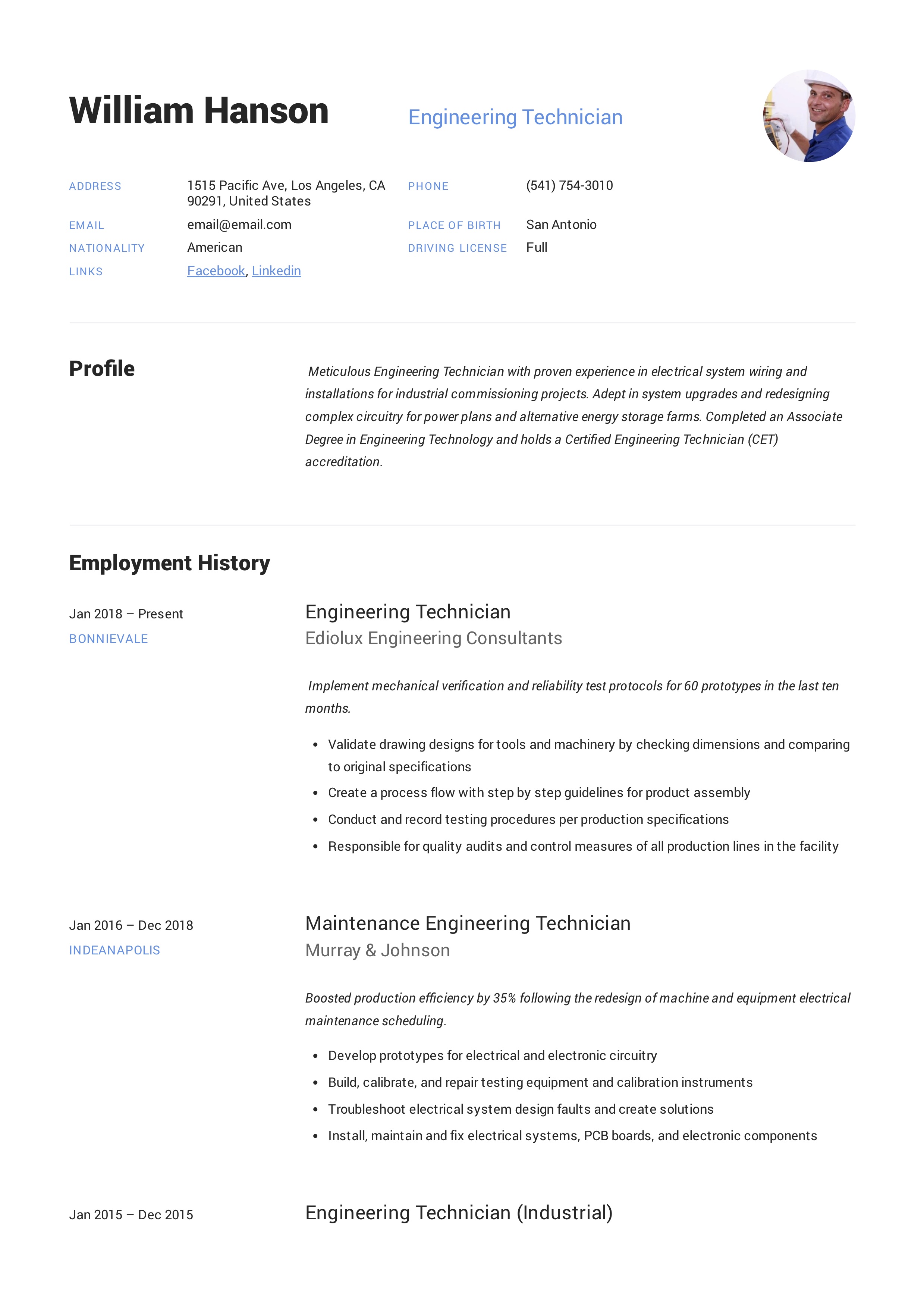 Resume Sample Engineering Technician