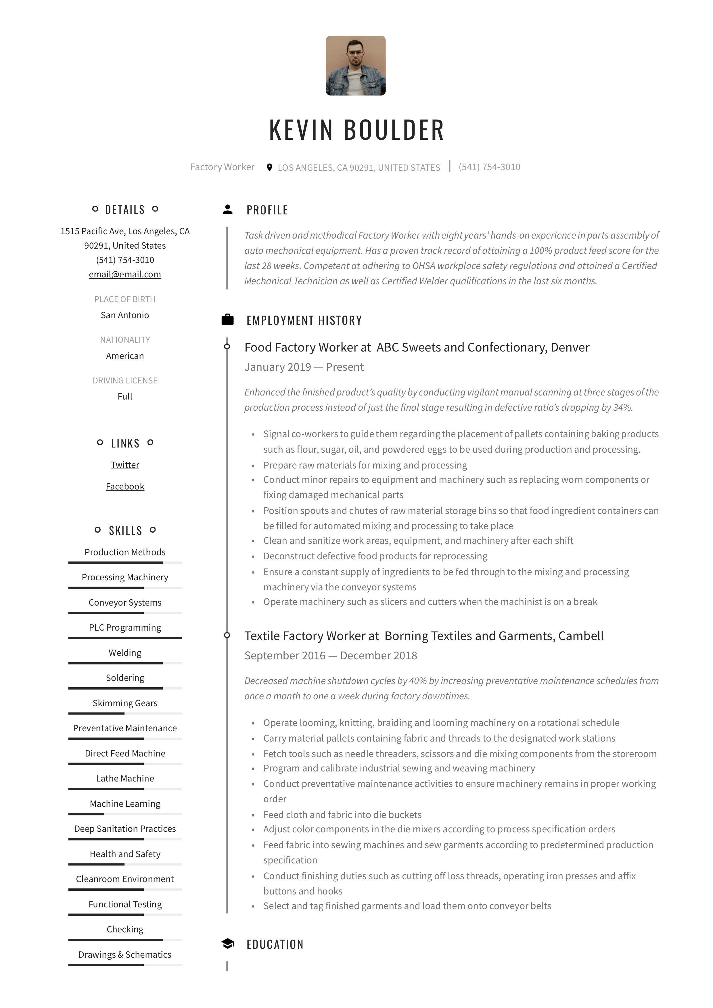 Resume Template Factory Worker