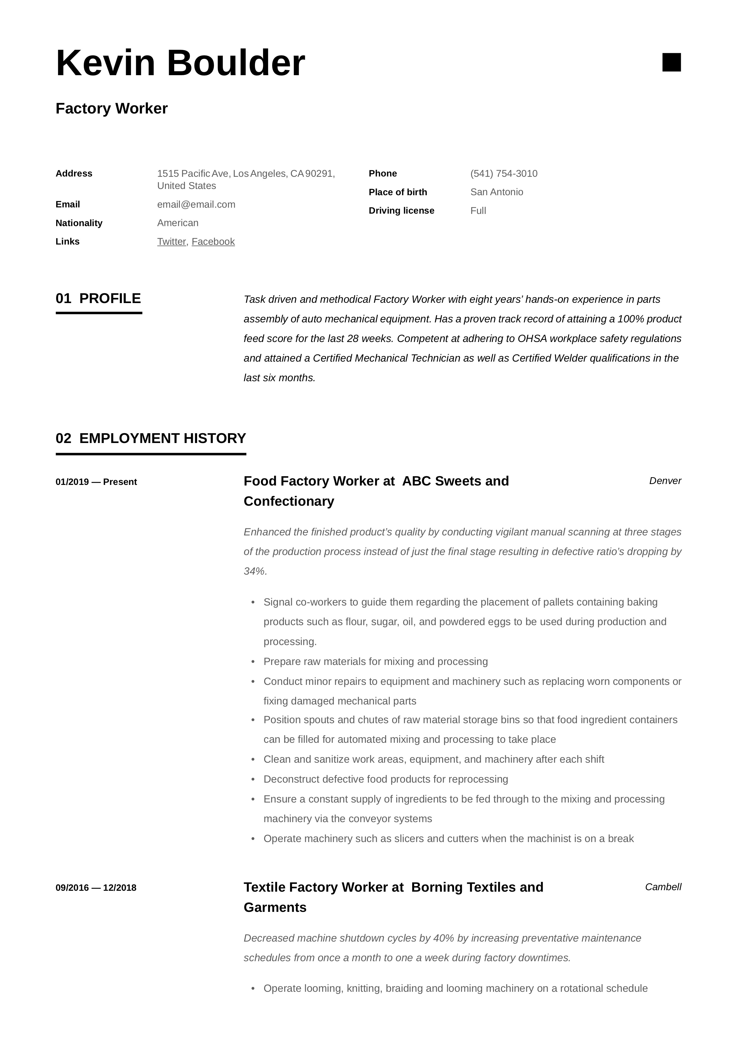 Resume Template Factory Worker