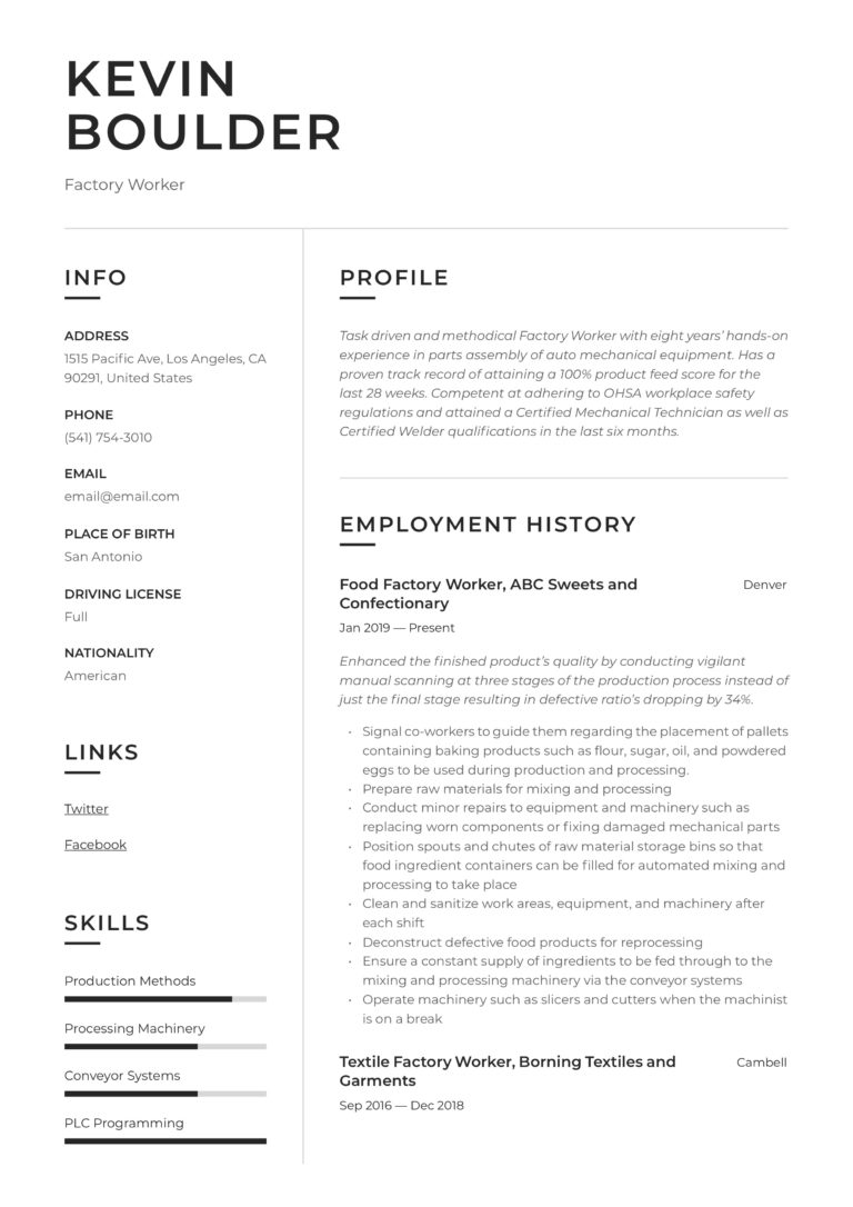 Resume Example Factory Worker