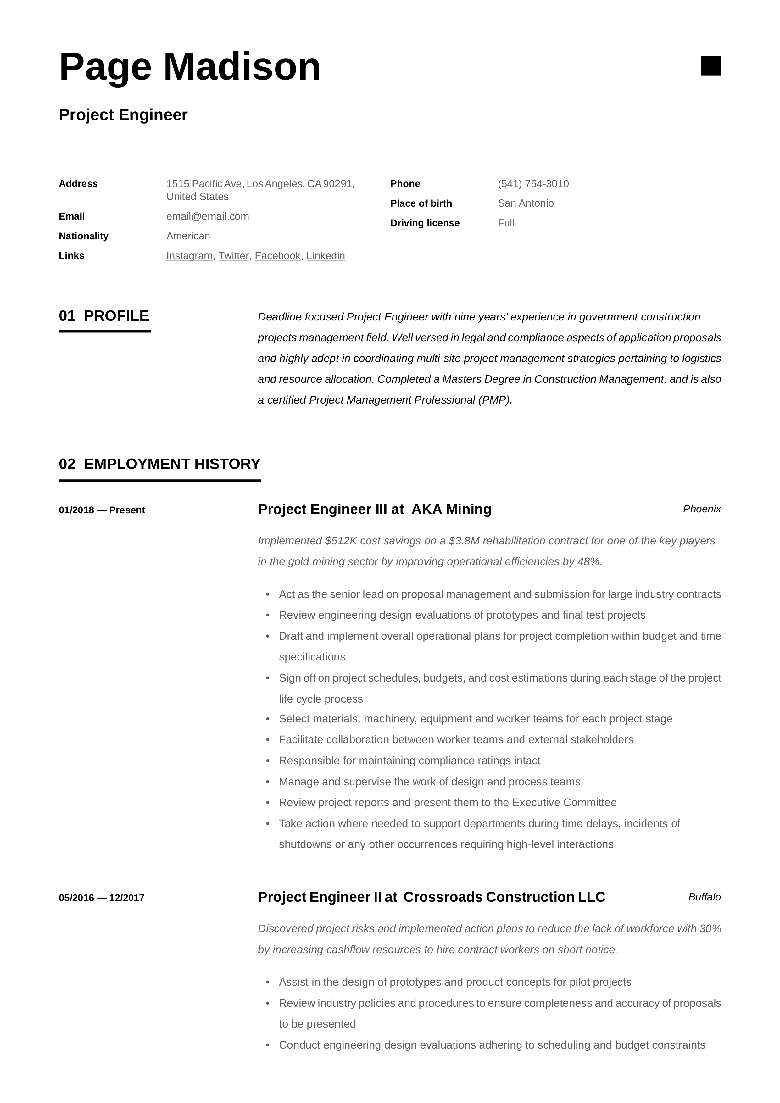 Resume Template Project Engineer