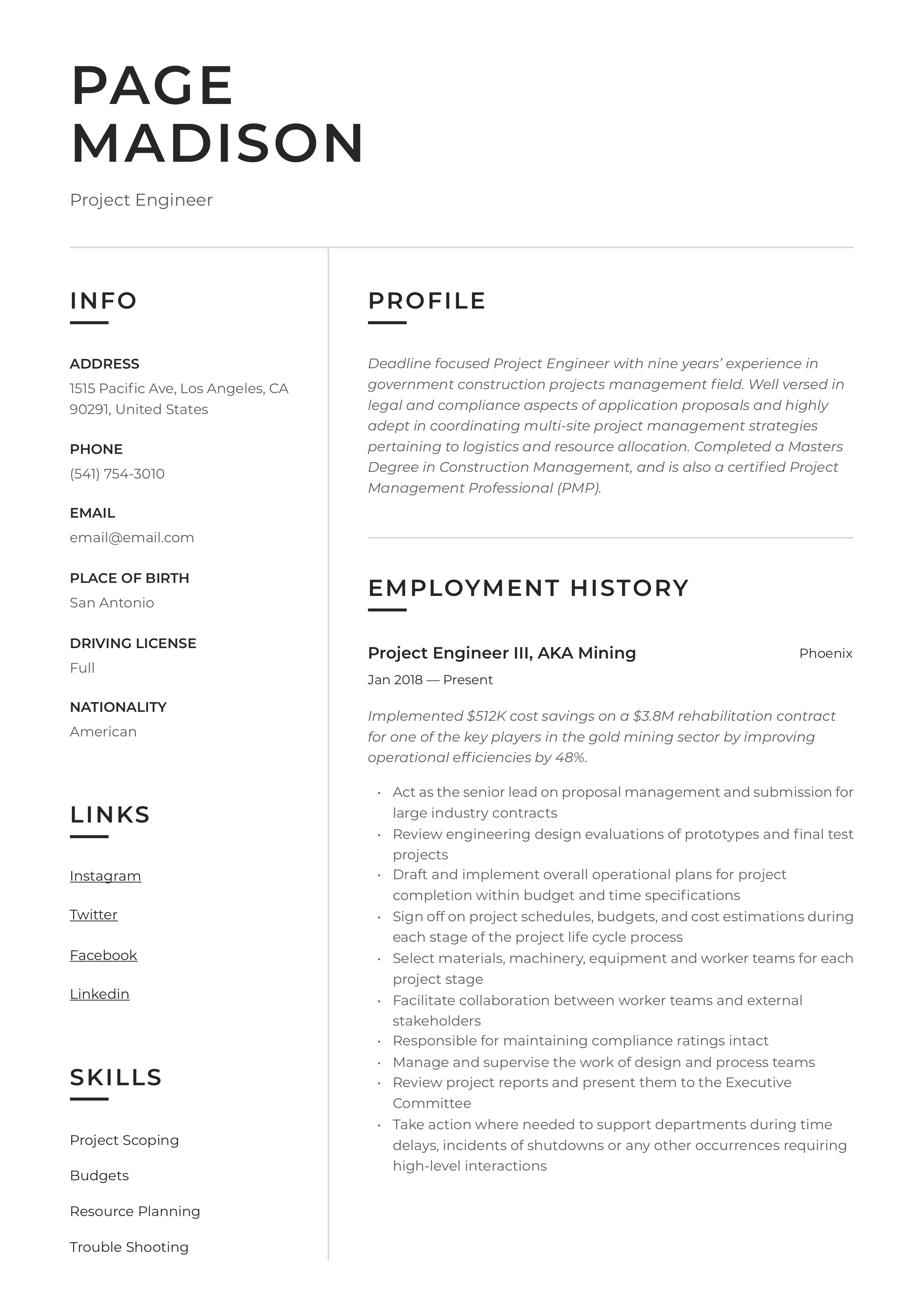 Resume Example Project Engineer