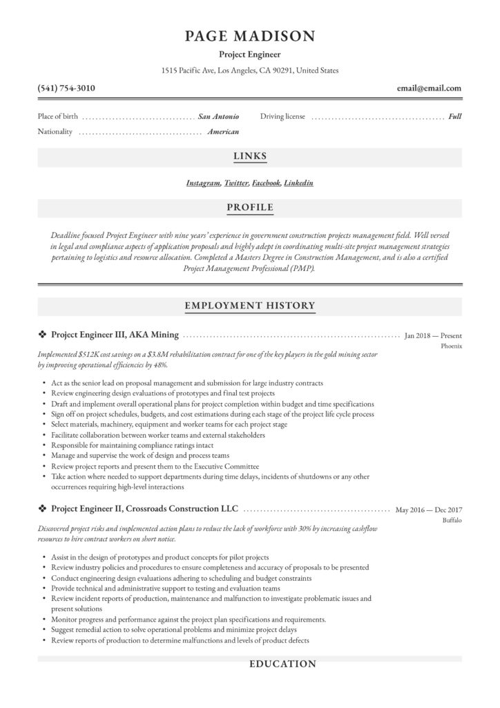 Resume Sample Project Engineer
