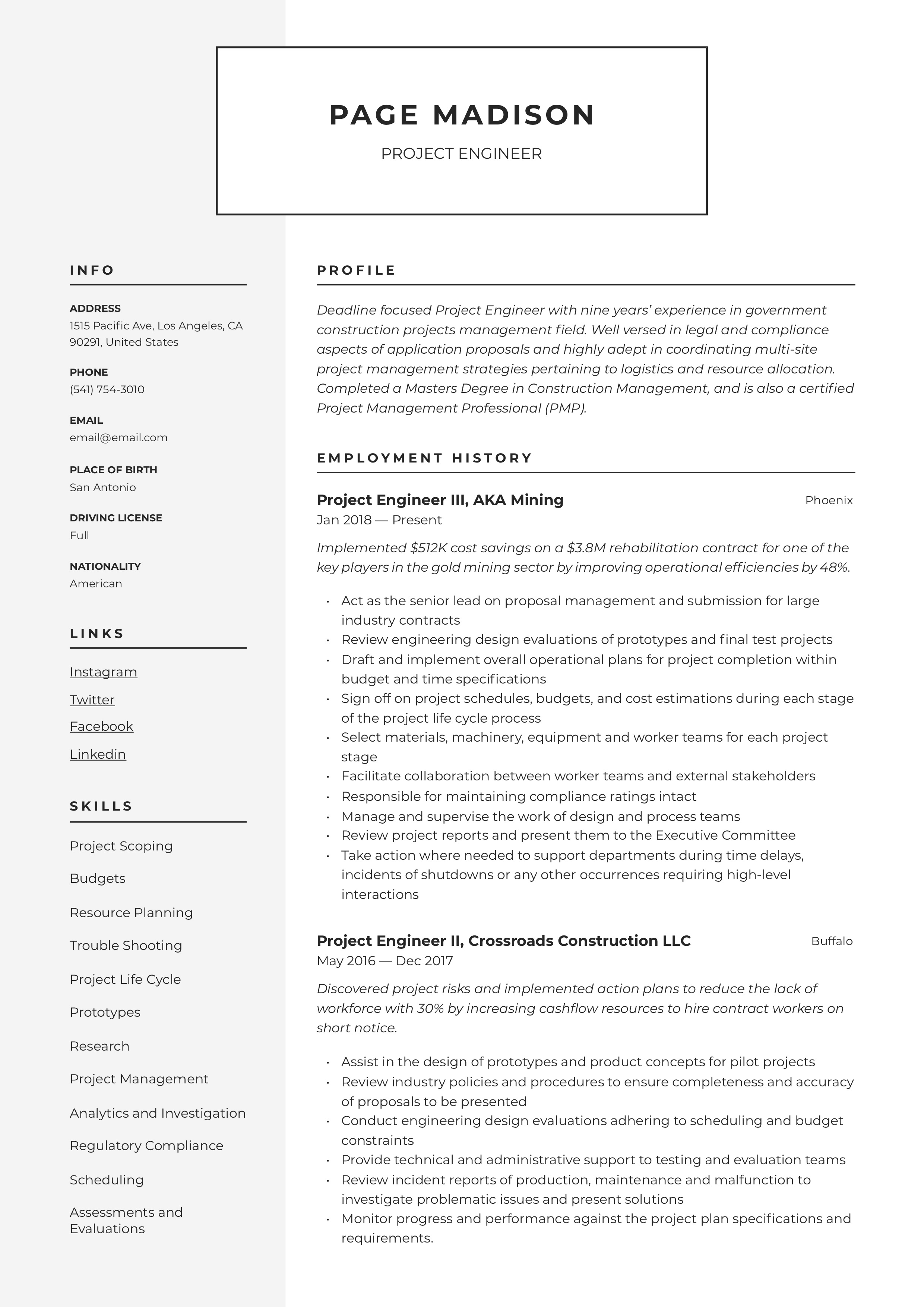 Resume Template Project Engineer