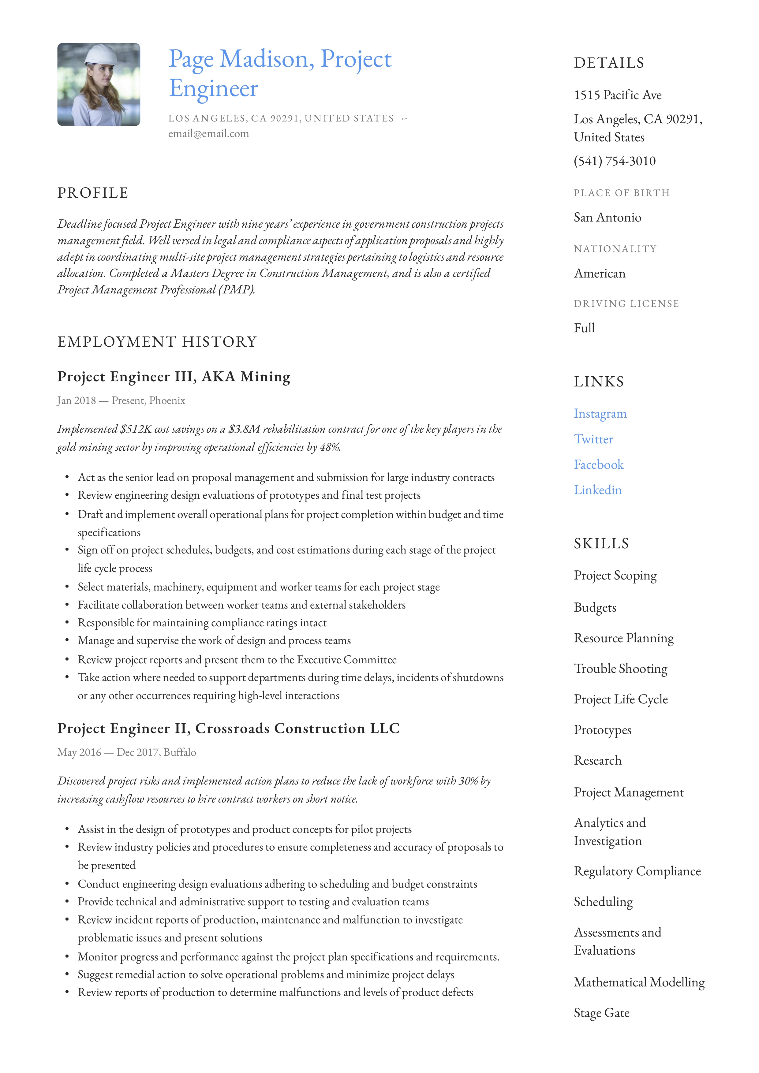 Resume Example Project Engineer