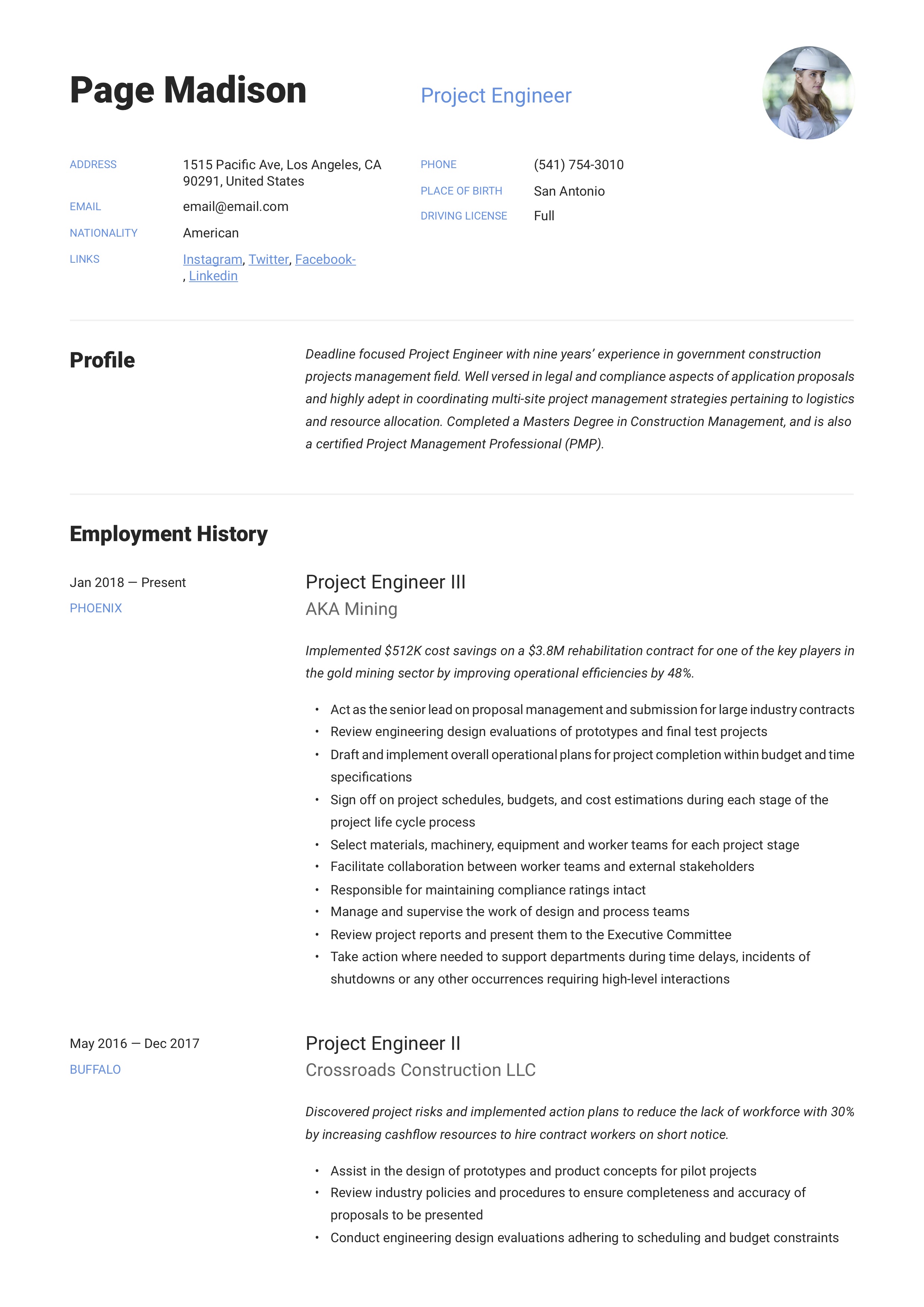 Project Engineer Resume
