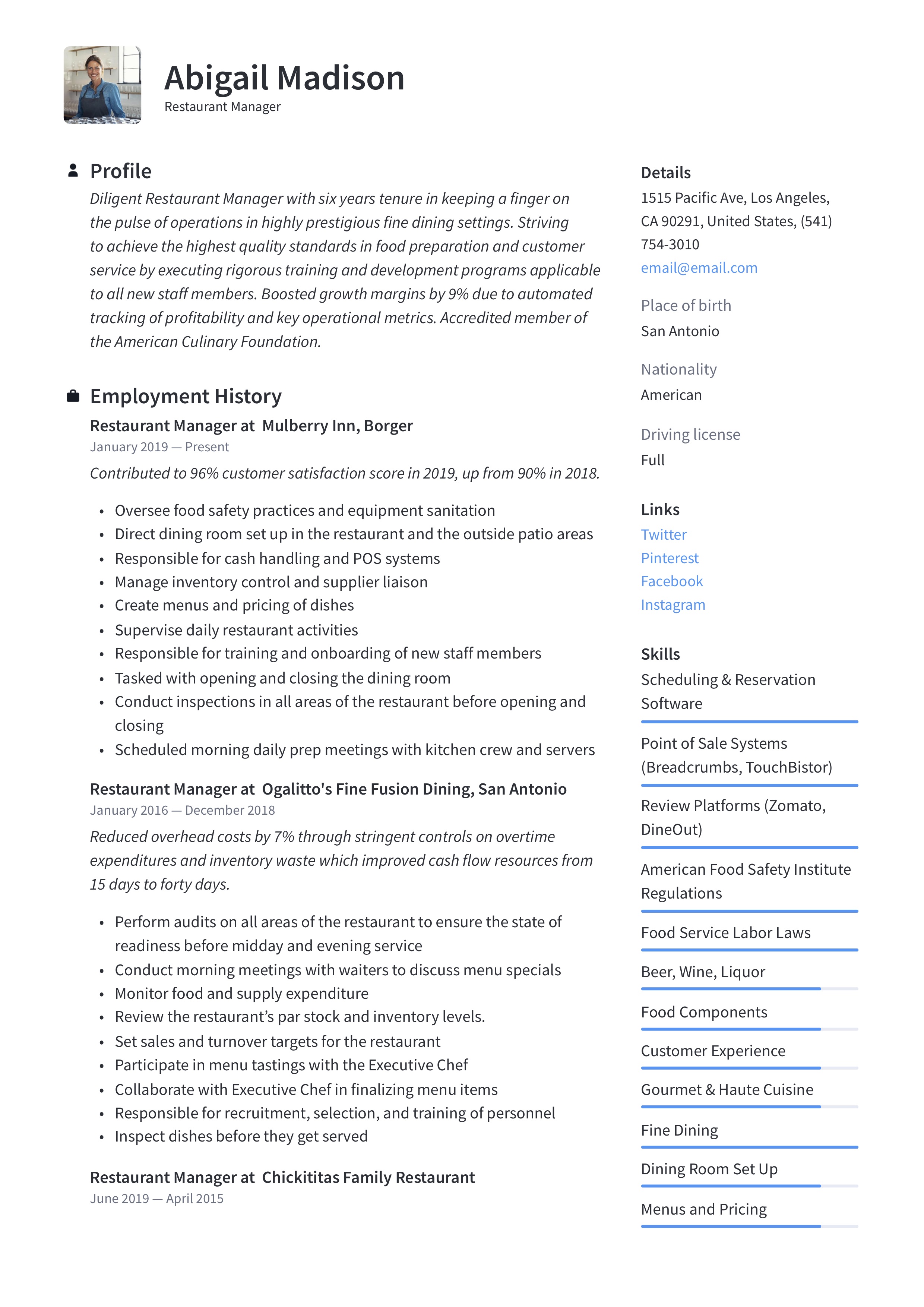 Restaurant Manager Resume & Writing Guide | +12 Examples | 2019
