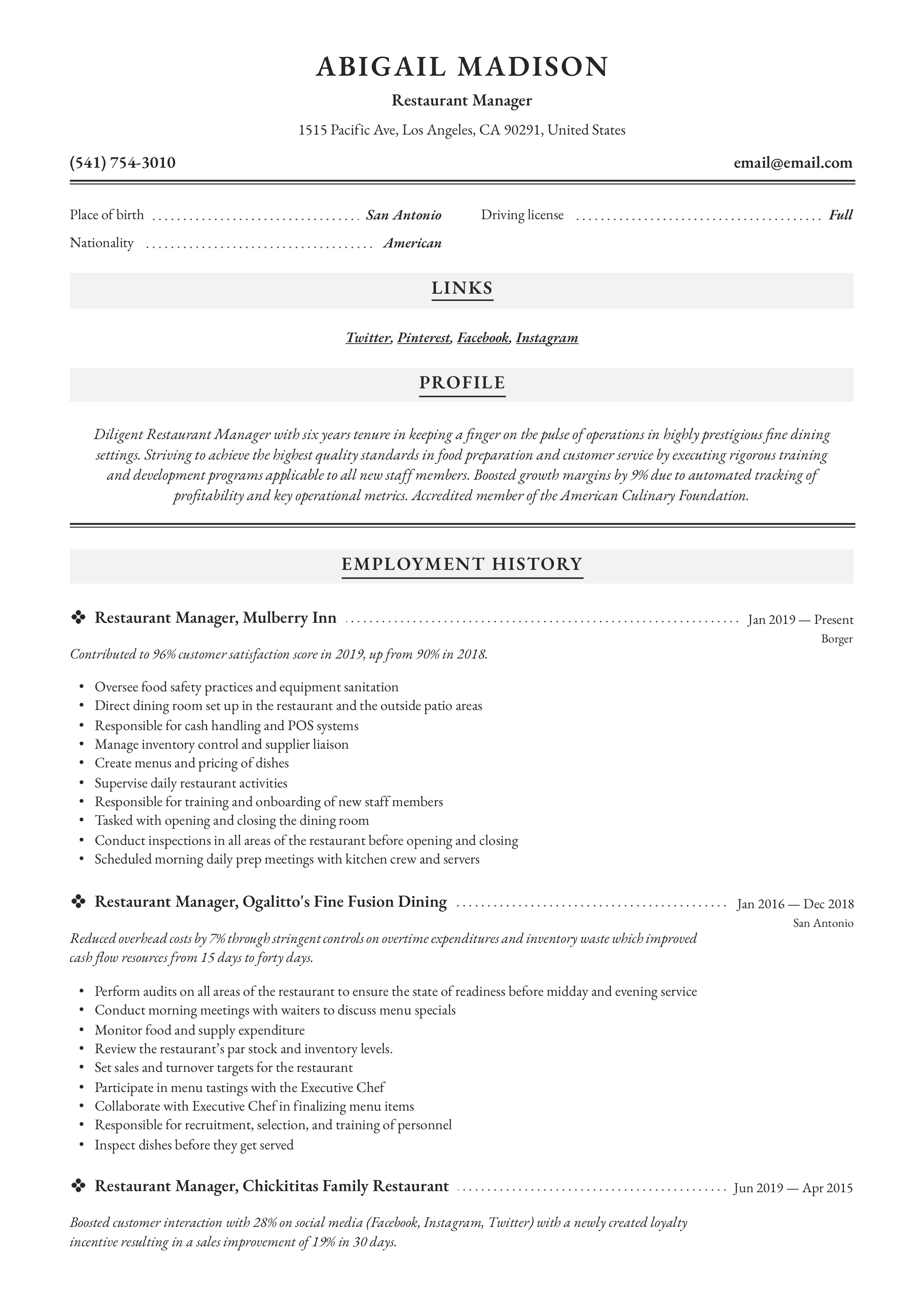 Resume Sample Restaurant manager
