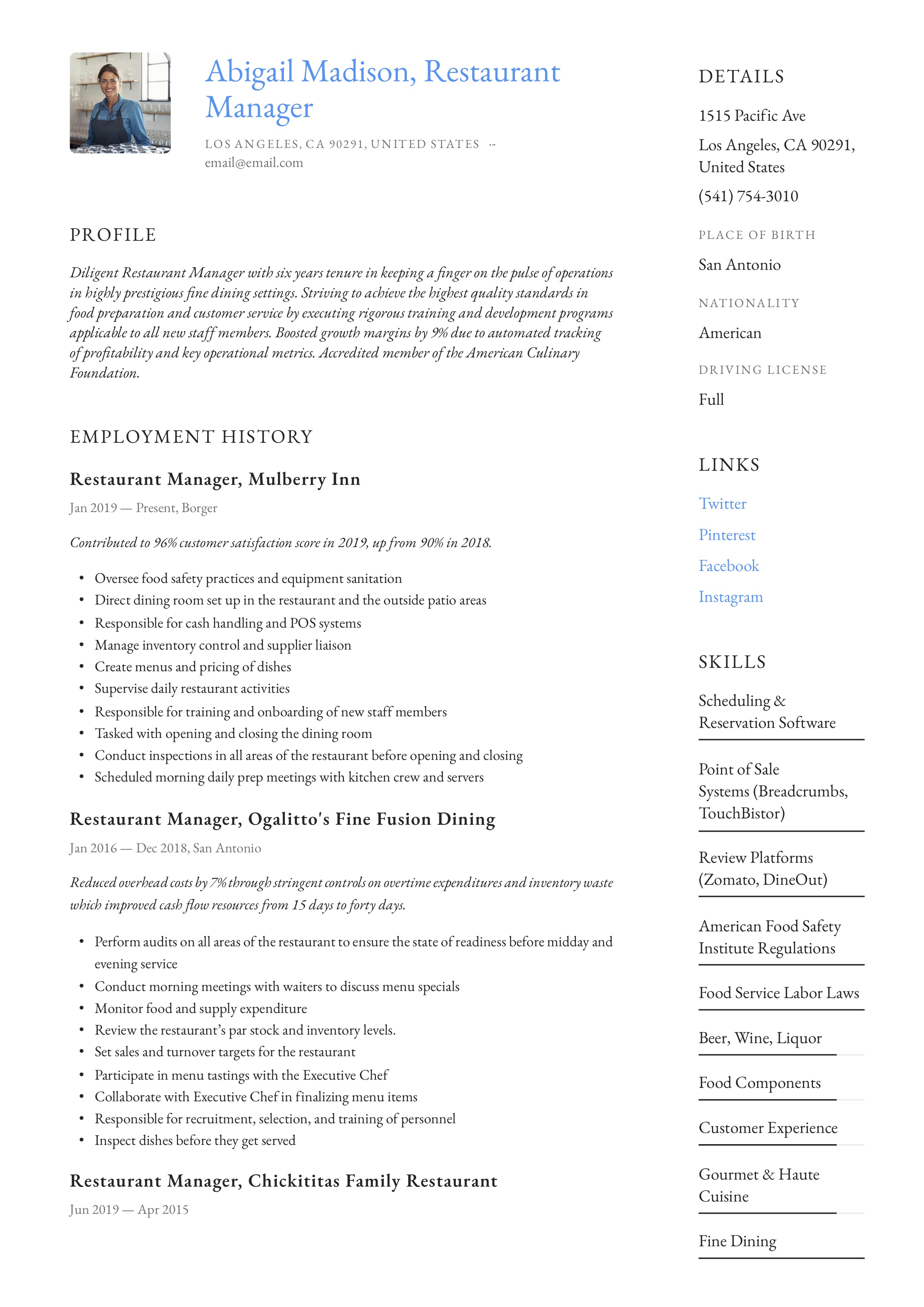 Restaurant Manager Resume & Writing Guide | +12 Examples | 2019