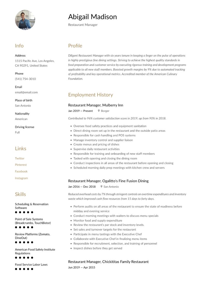 Resume Example Restaurant manager