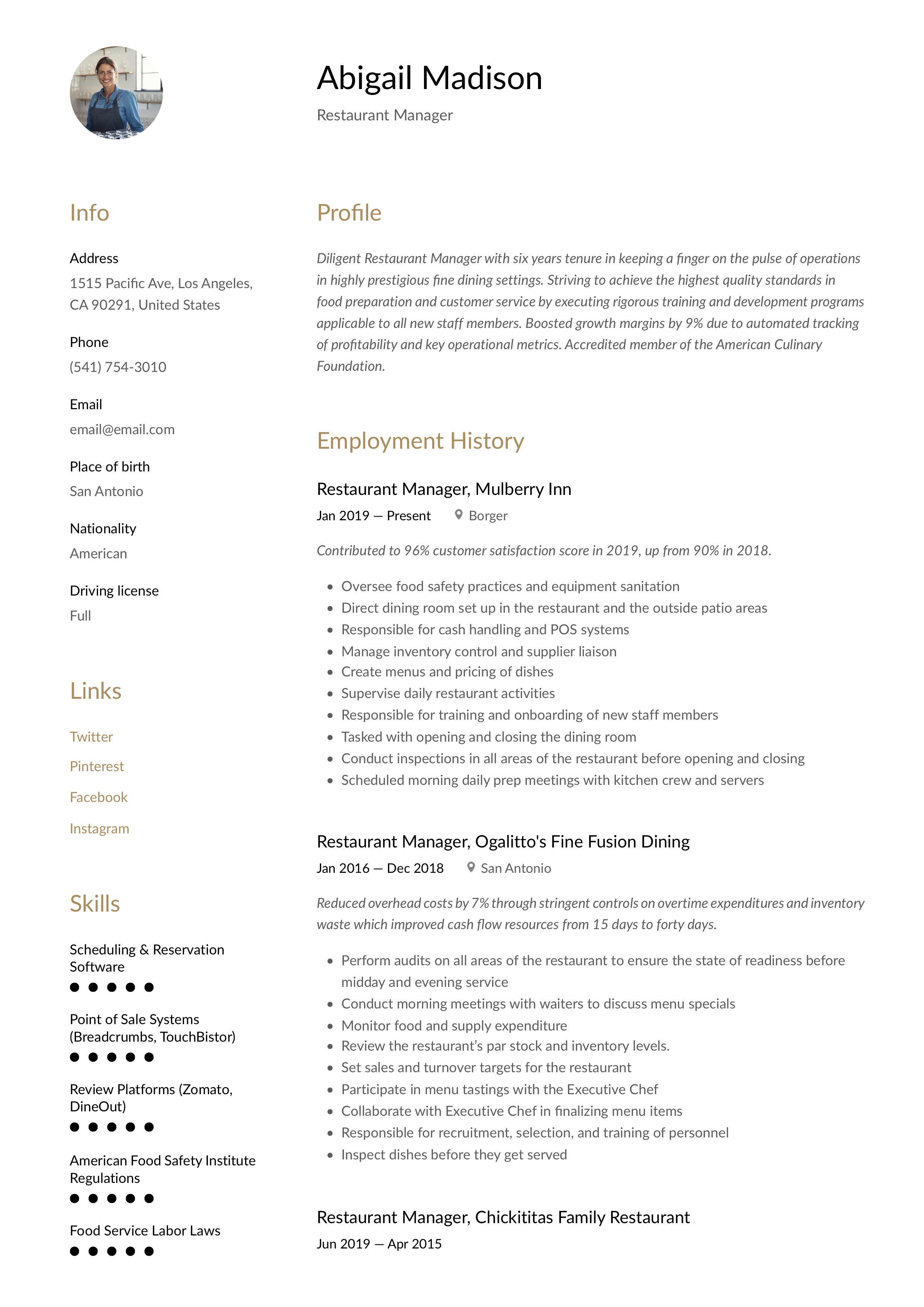 Resume Example Restaurant manager