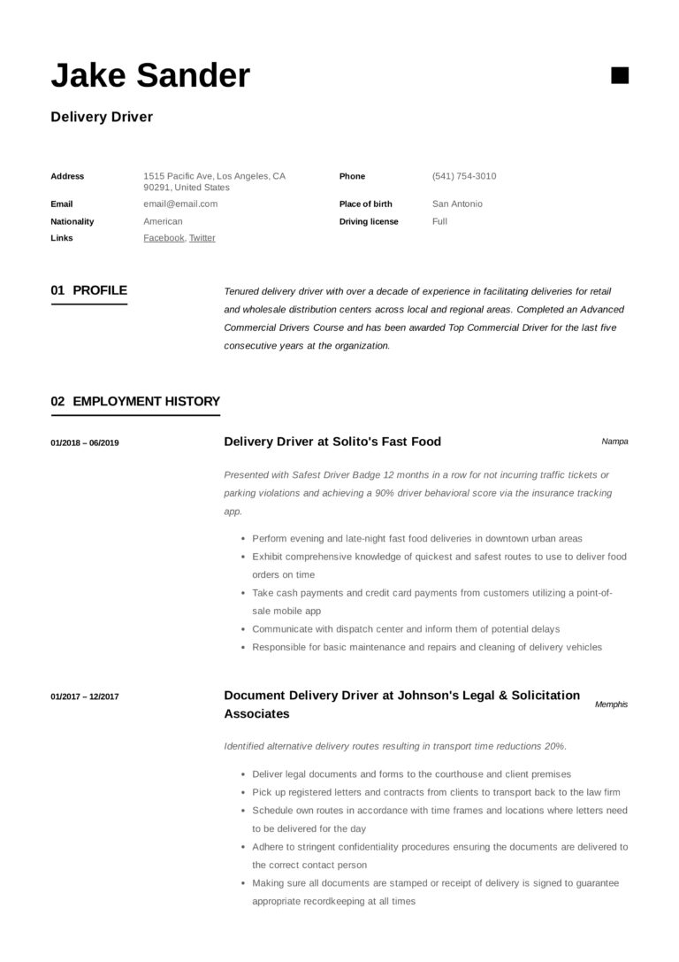 Resume Template Delivery Driver