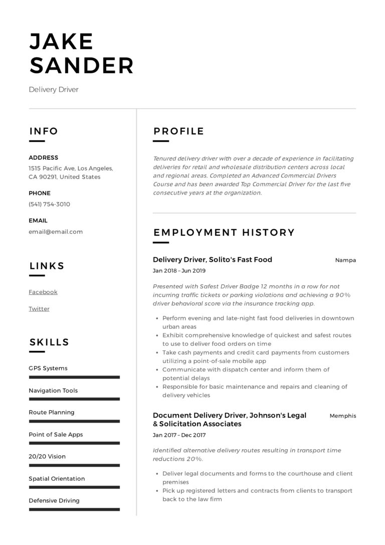 Resume Example Delivery Driver