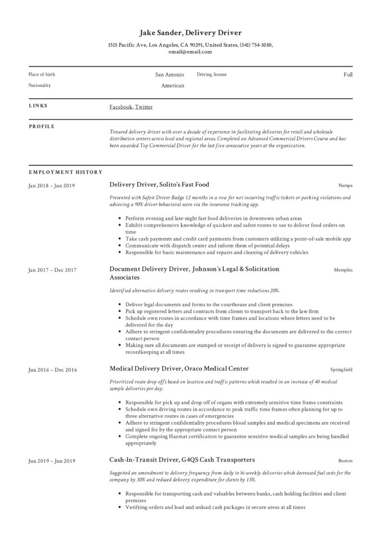 Resume Example Delivery Driver